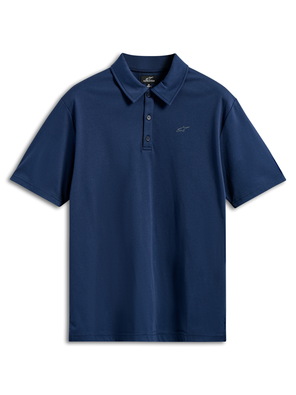 Alpinestars Impetus Sport Polo, poloshirt met korte mouwen, marineblauw, mock mesh-stof met een drieknoopssluiting en een klein grijs Astars-logo op de borst, casual motorsportkleding