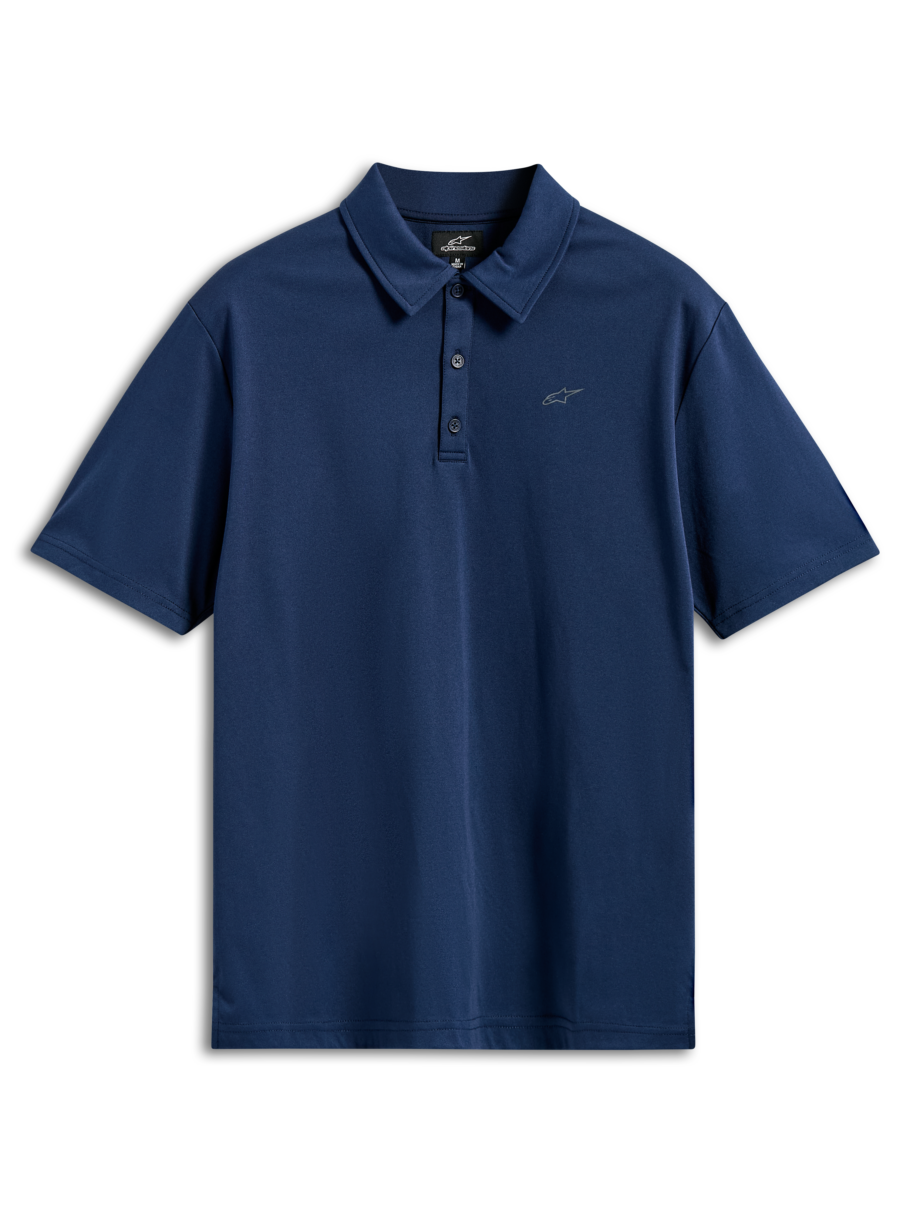 Alpinestars Impetus Sport Polo, poloshirt met korte mouwen, marineblauw, mock mesh-stof met een drieknoopssluiting en een klein grijs Astars-logo op de borst, casual motorsportkleding