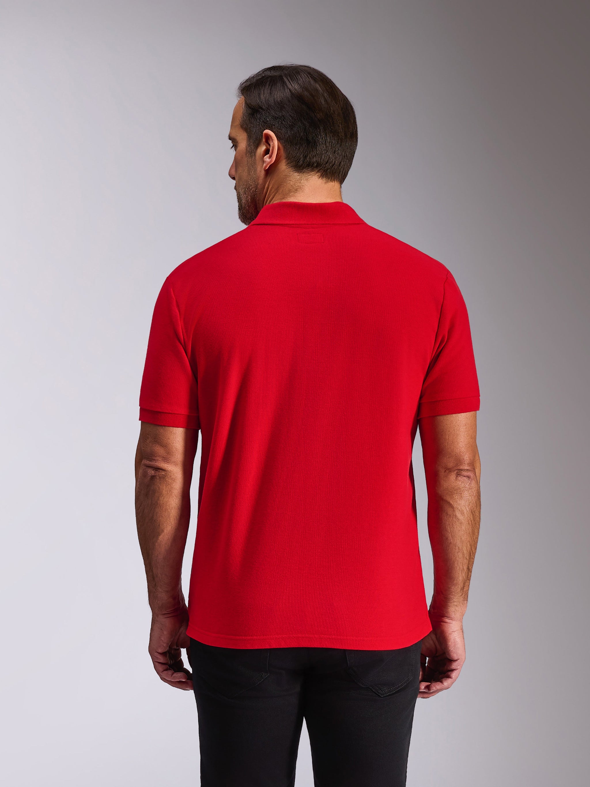 Alpinestars Endeavor Classic Polo, poloshirt met korte mouwen, rood, achteraanzicht op model, met geribde kraag en manchetten, casual motorsport-geïnspireerde streetwear