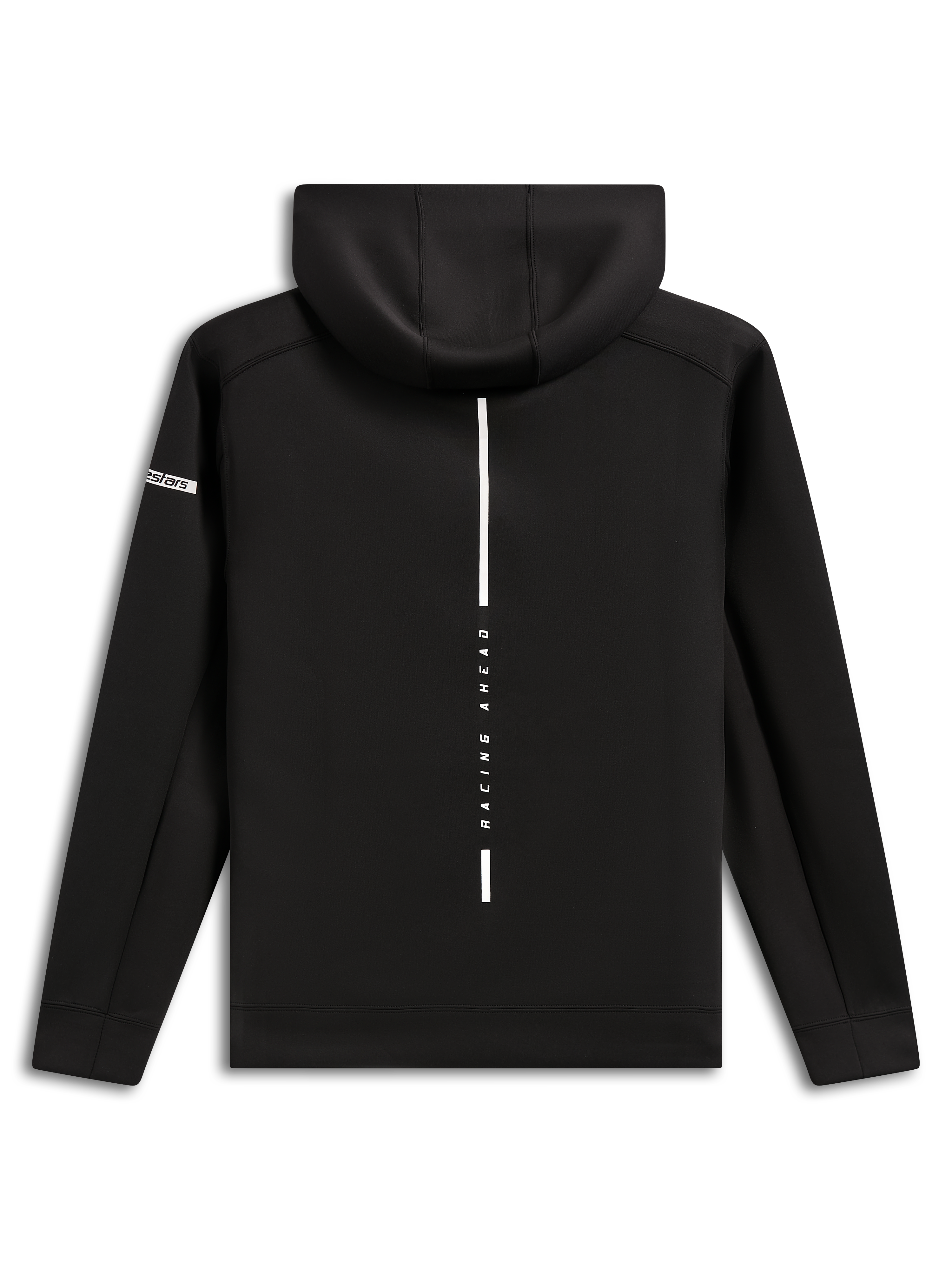Alpinestars Insight Hoodie, back view, black pullover fleece hoodie, vertical white stripe with 'RACING AHEAD' text, Alpinestars word logo on the sleeve, casual motorsport-inspired streetwear