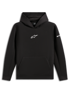 Alpinestars Insight Hoodie, Black pullover sweatshirt, white Astars logo on chest, kangaroo pocket, mesh-lined hood, casual motorsport-inspired streetwear