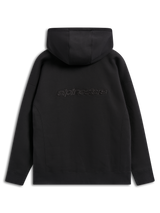 Alpinestars Emergent Oversized Hoodie, zwarte casual streetwear, achteraanzicht met geborduurd Alpinestars-woordlogo, oversized pasvorm met capuchon en geribbelde zoom