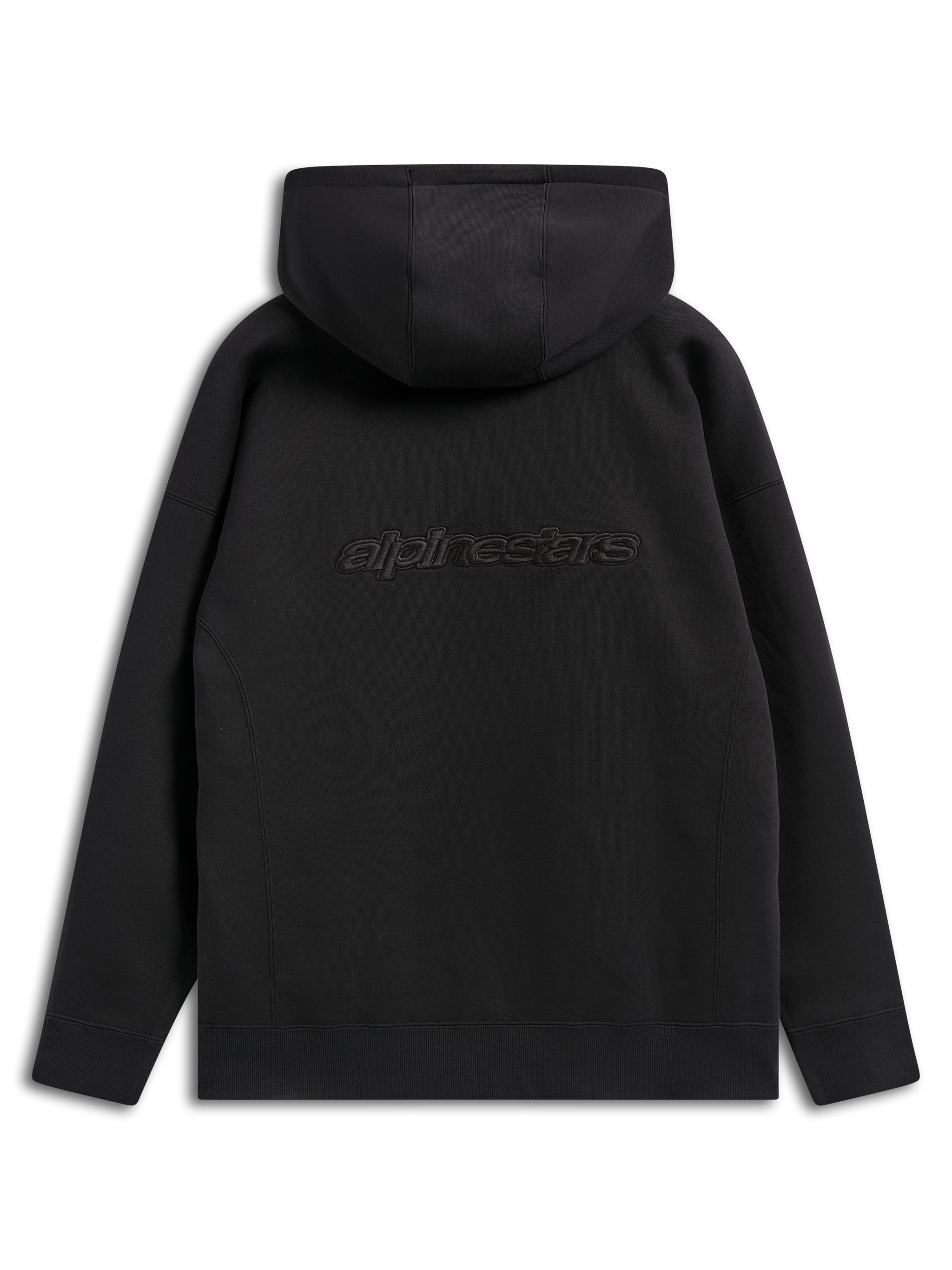 Alpinestars Emergent Oversized Hoodie, zwarte casual streetwear, achteraanzicht met geborduurd Alpinestars-woordlogo, oversized pasvorm met capuchon en geribbelde zoom