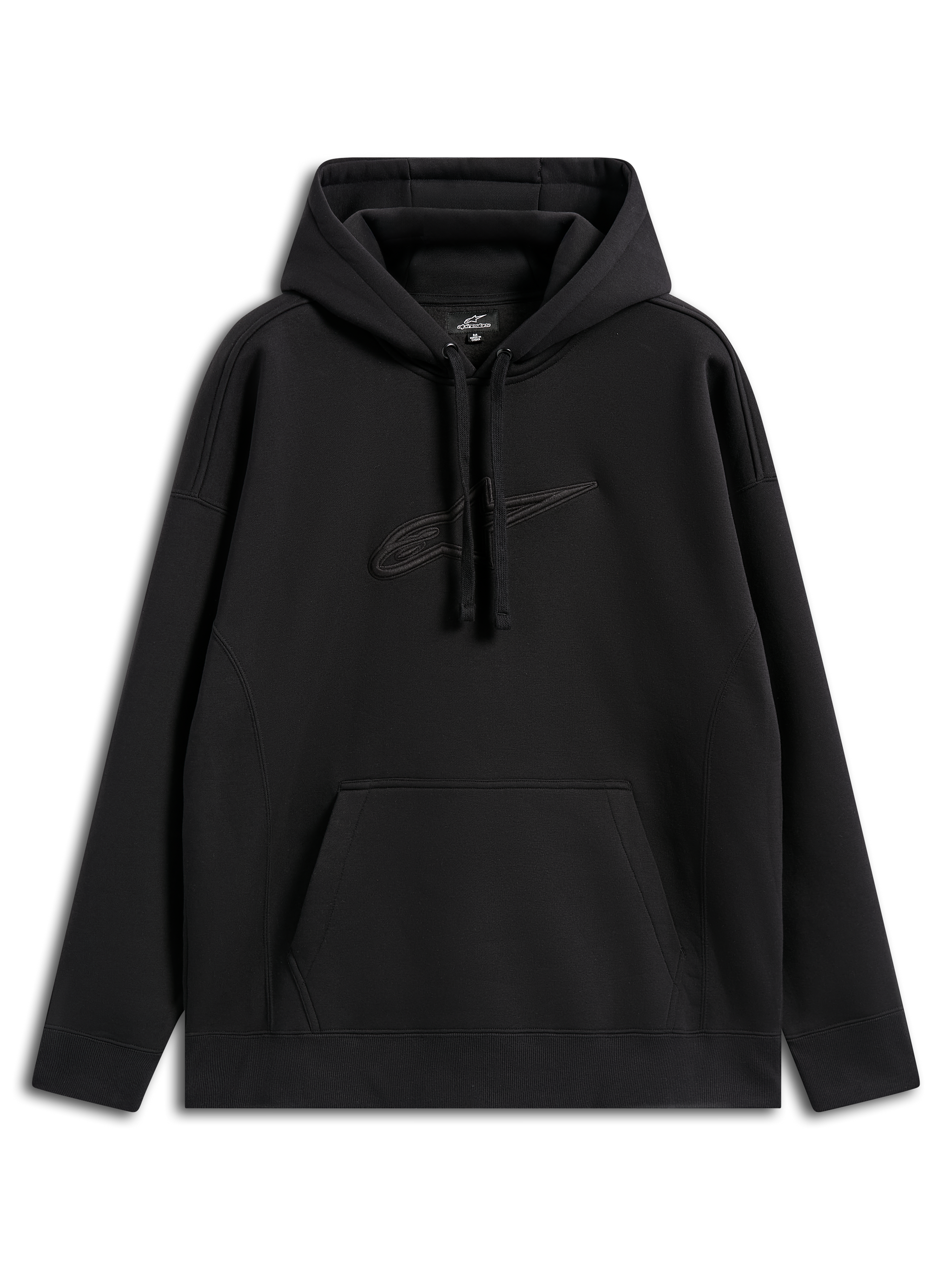 Alpinestars Emergent Oversized Hoodie, casual streetwear, zwart met tonaal geborduurd Astars-logo, oversized pasvorm, capuchon met trekkoord, kangoeroezak, modern op motorsport geïnspireerd ontwerp