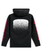 Alpinestars Obsessed Hoodie, zwarte pullover fleece hoodie, achteraanzicht, grote witte MX-verloopgrafiek op de rug, rode Alpinestars-woordlogo's op de mouwen, casual motorsport-geïnspireerde streetwear
