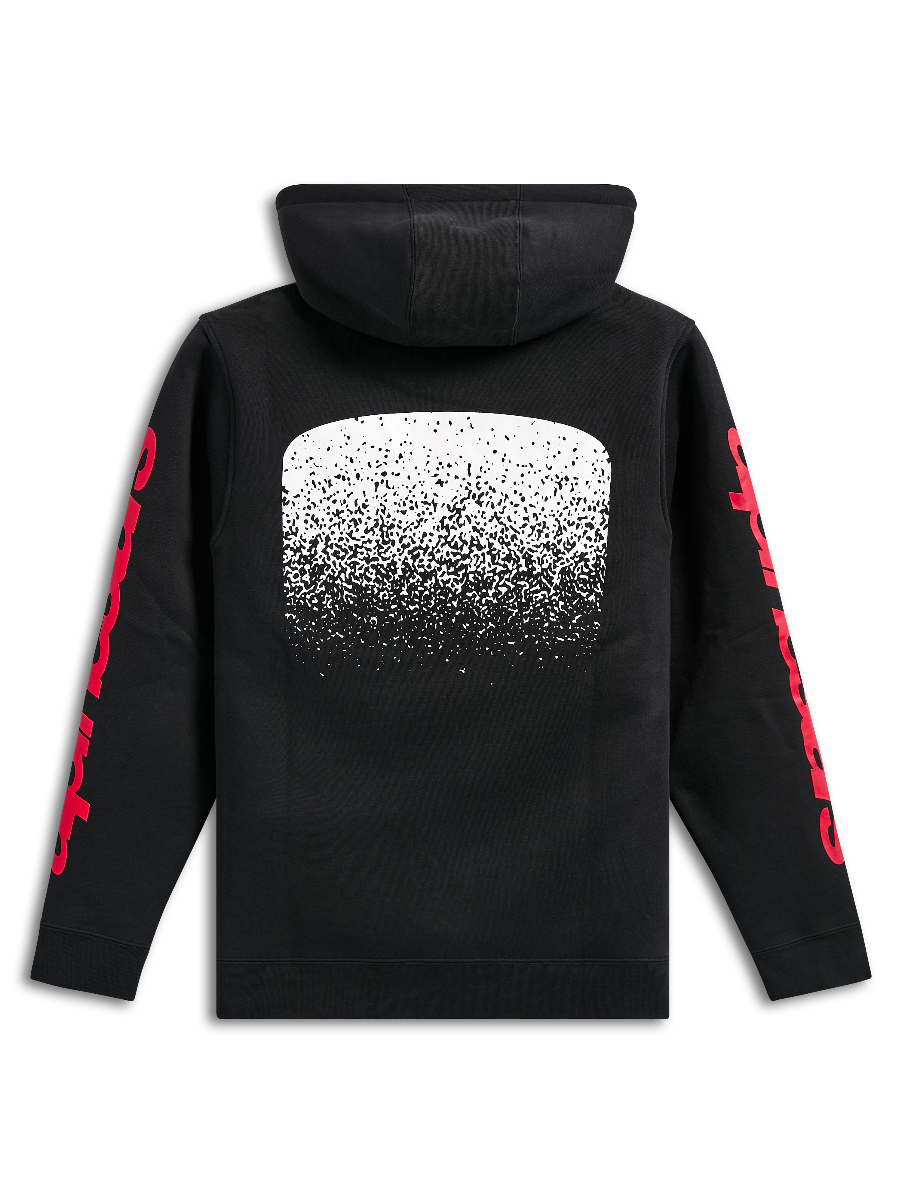 Alpinestars Obsessed Hoodie, zwarte pullover fleece hoodie, achteraanzicht, grote witte MX-verloopgrafiek op de rug, rode Alpinestars-woordlogo's op de mouwen, casual motorsport-geïnspireerde streetwear