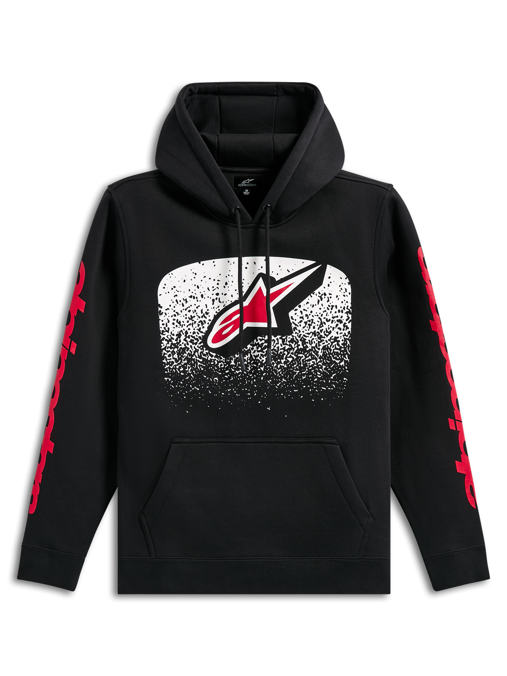 Alpinestars Obsessed Hoodie, zwarte pullover hoodie, groot Astars-logo op de borst met wit en rood MX-verloop, rode Alpinestars-woordlogo's op de mouwen, capuchon met trekkoord en kangoeroezak, casual op motorsport geïnspireerde streetwear