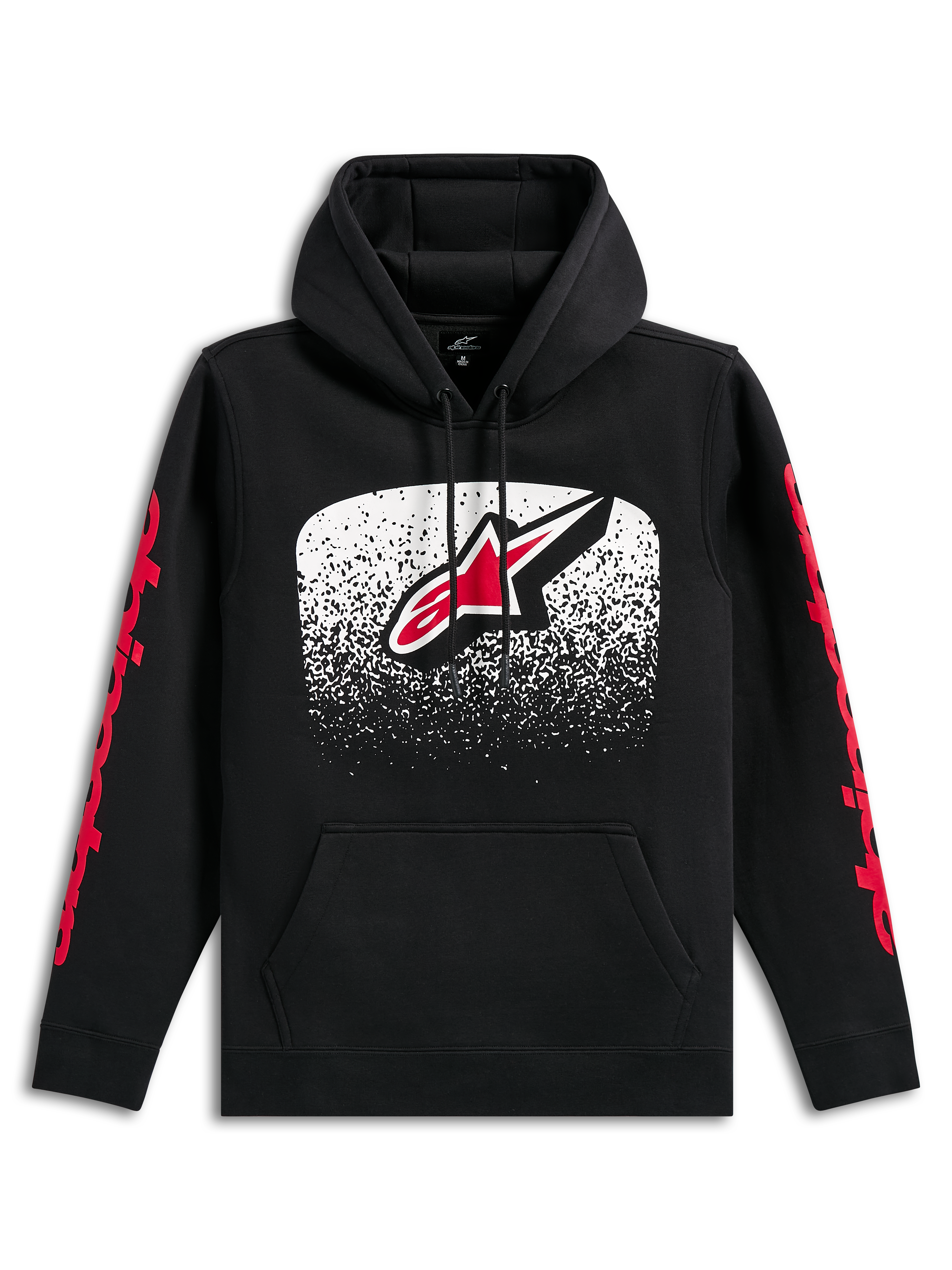 Alpinestars Obsessed Hoodie, zwarte pullover hoodie, groot Astars-logo op de borst met wit en rood MX-verloop, rode Alpinestars-woordlogo's op de mouwen, capuchon met trekkoord en kangoeroezak, casual op motorsport geïnspireerde streetwear
