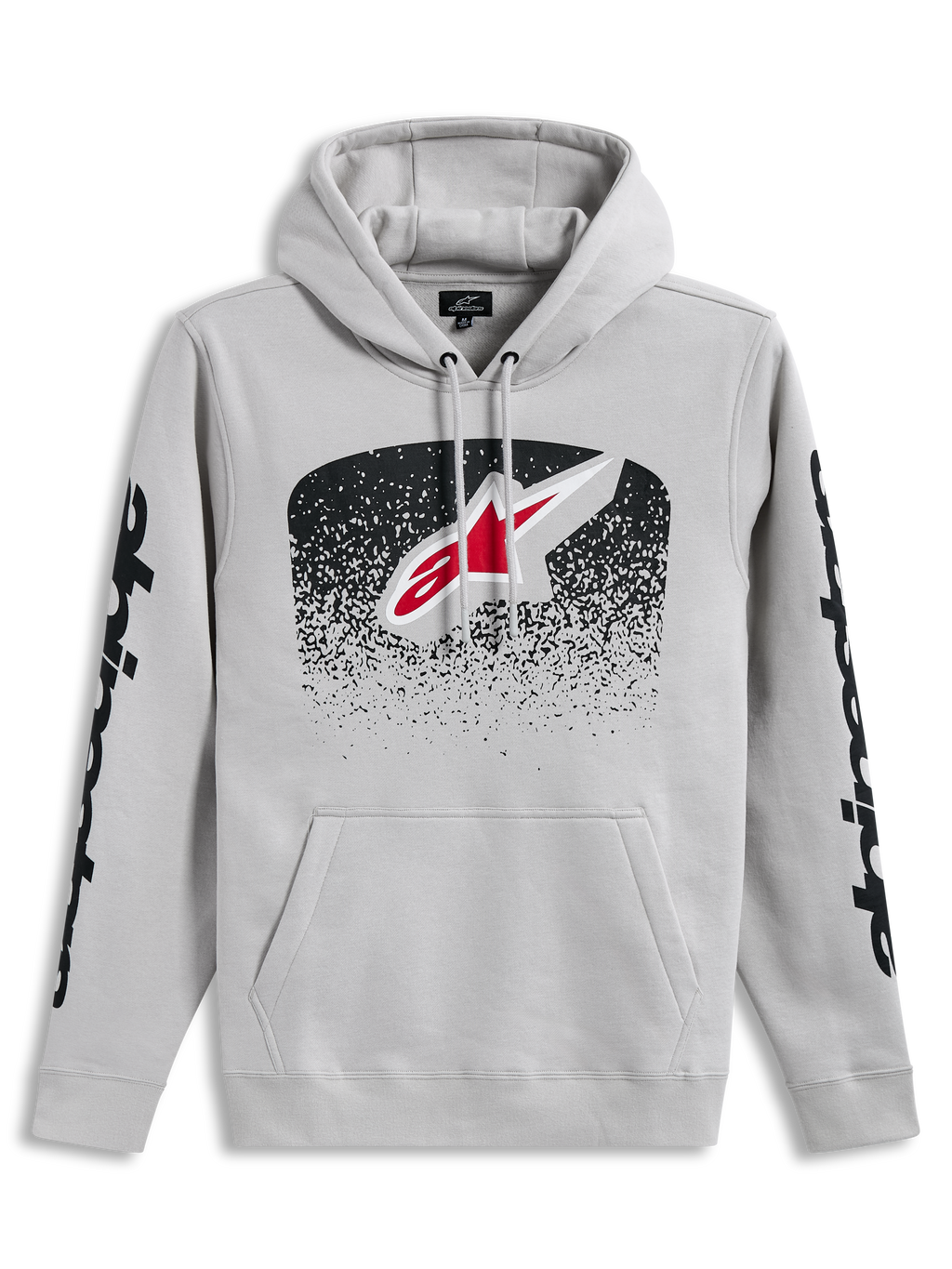 Alpinestars Obsessed hoodie, cementgrijze sportswear pullover met MX-verlooplogo en zwarte mouwgraphics.