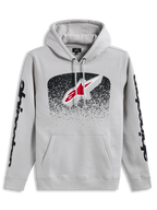Alpinestars Obsessed hoodie, cementgrijze sportswear pullover met MX-verlooplogo en zwarte mouwgraphics.