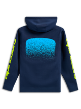 Alpinestars Obsessed Hoodie, achteraanzicht, donkerblauw, lichtblauwe MX-verloop graphic op de rug, gele Alpinestars woordlogo's op de mouwen, casual motorsport streetwear