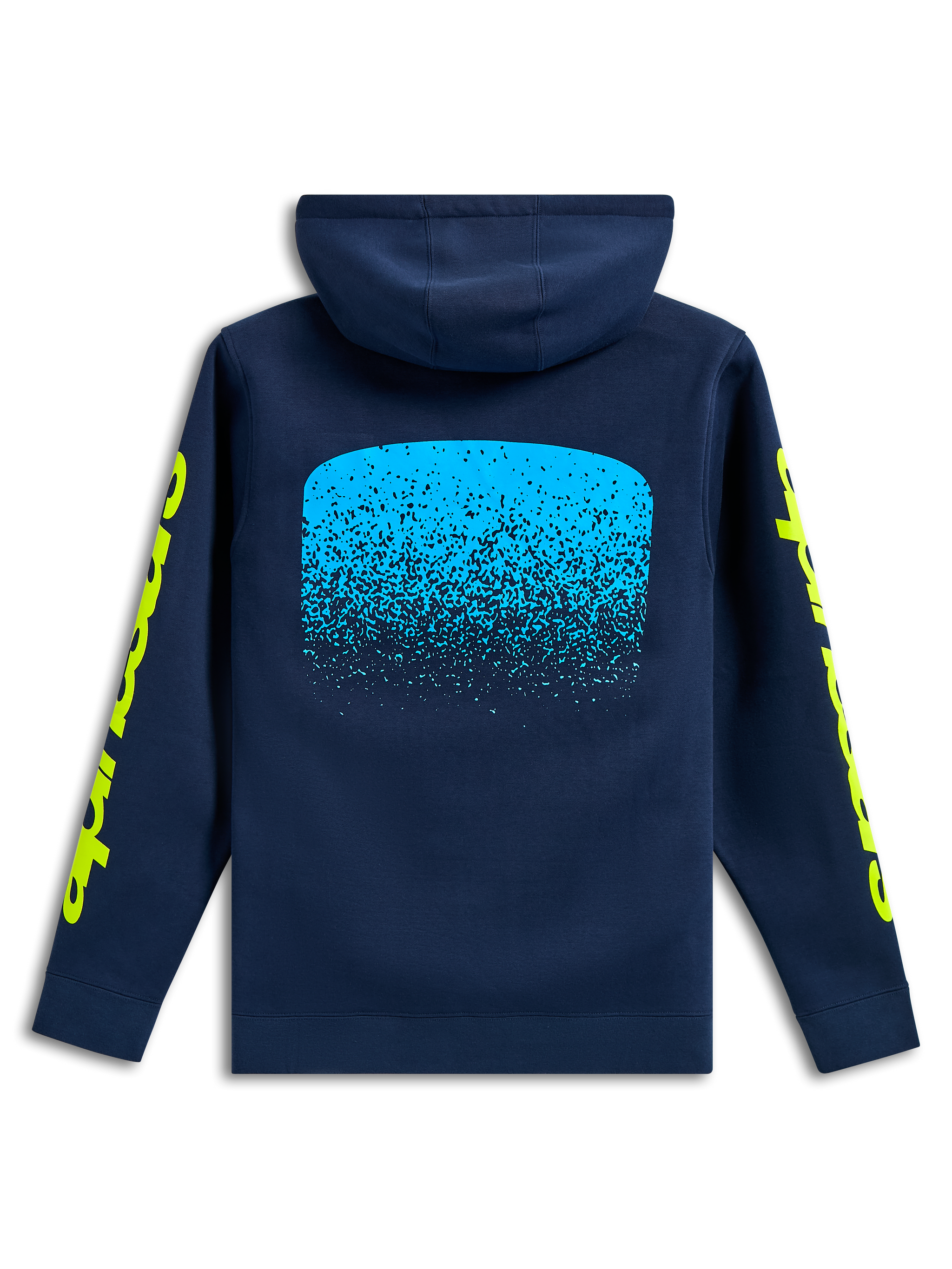 Alpinestars Obsessed Hoodie, achteraanzicht, donkerblauw, lichtblauwe MX-verloop graphic op de rug, gele Alpinestars woordlogo's op de mouwen, casual motorsport streetwear