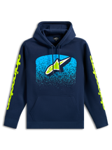 Alpinestars Obsessed Hoodie, donkerblauwe casual pullover sweatshirt, Astars-logo op de borst met cyaan MX-verloopgraphic, limoengroene woordlogo's op de mouwen, capuchon met trekkoord en kangoeroezak, motorsport-geïnspireerd ontwerp