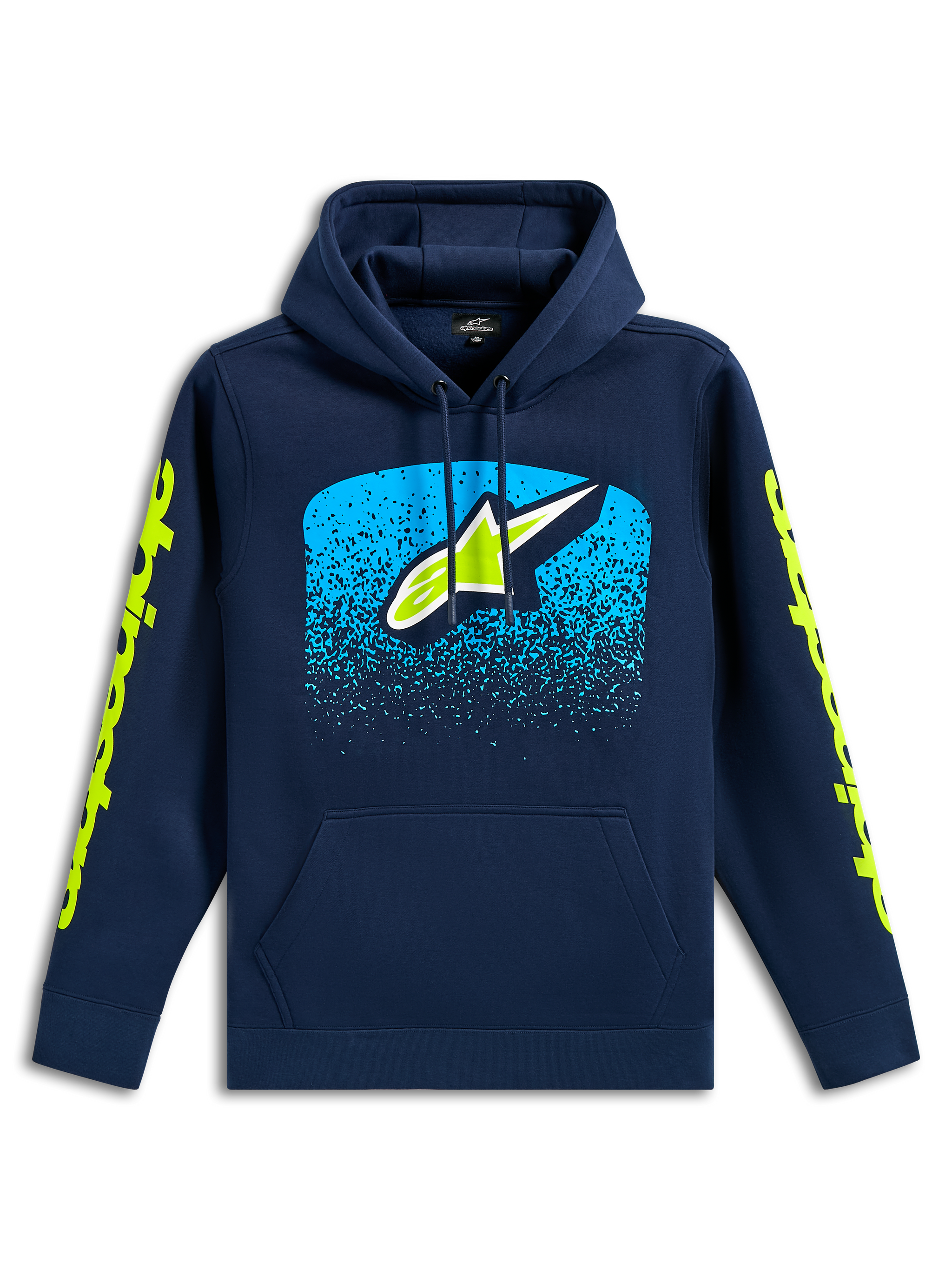 Alpinestars Obsessed Hoodie, donkerblauwe casual pullover sweatshirt, Astars-logo op de borst met cyaan MX-verloopgraphic, limoengroene woordlogo's op de mouwen, capuchon met trekkoord en kangoeroezak, motorsport-geïnspireerd ontwerp