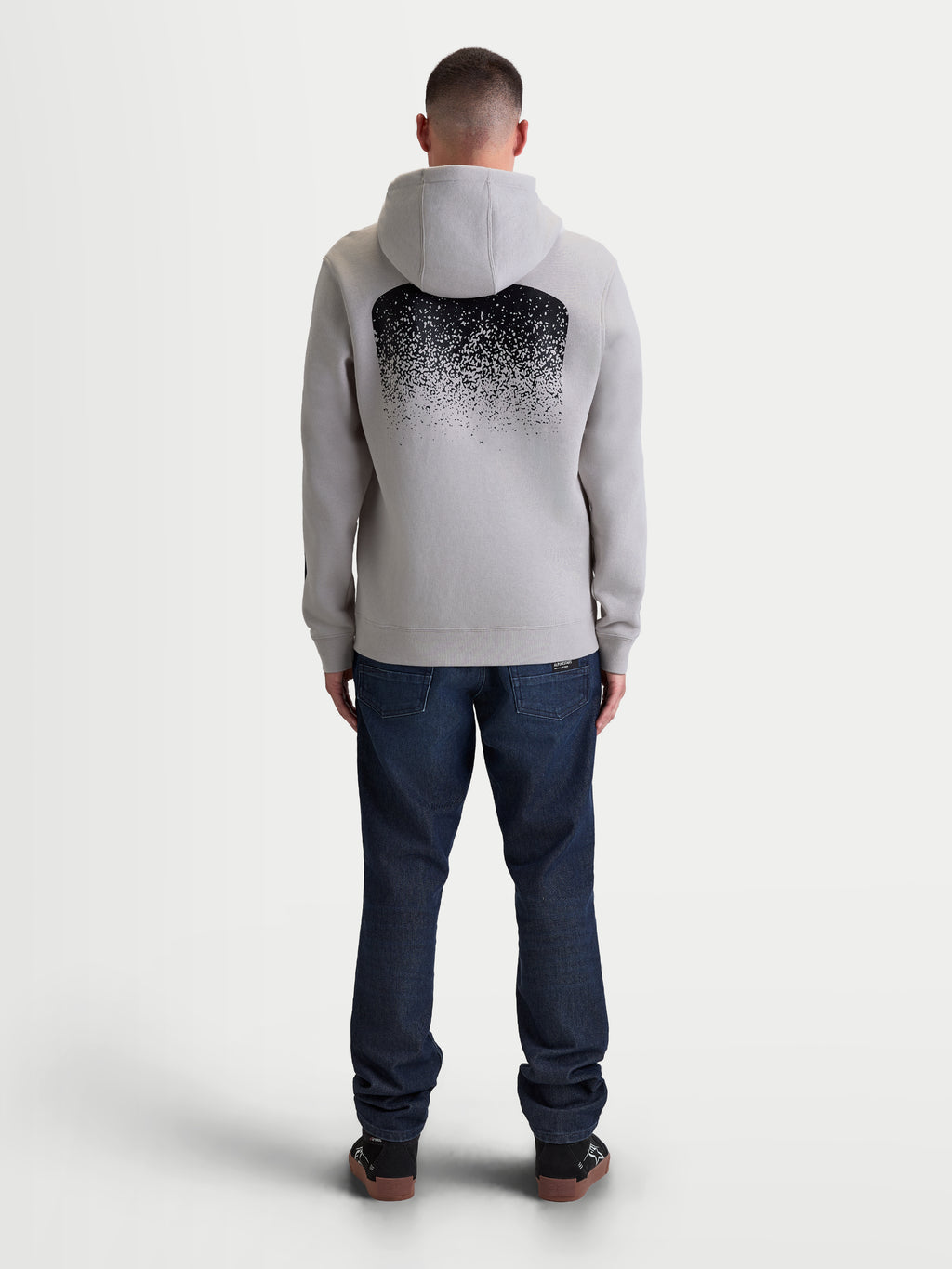 Alpinestars Obsessed Hoodie, heren-pullover hoodie, grijs en zwart, achteraanzicht met grote MX-geïnspireerde verloopgraphic, casual motorsport-lifestylekleding met capuchon en ribboorden.