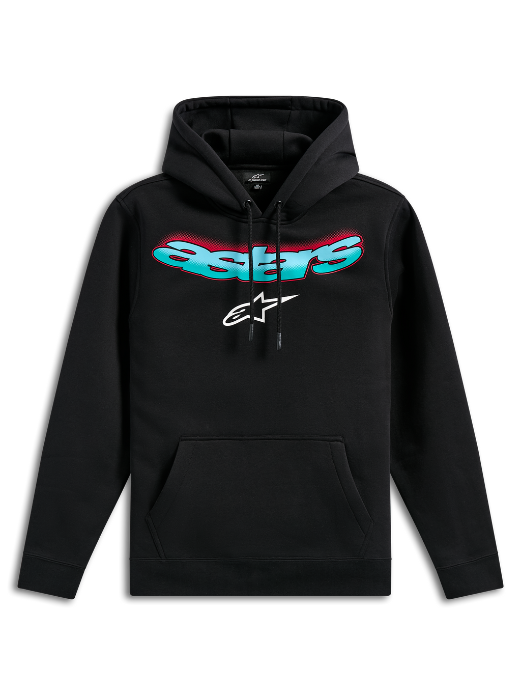 Alpinestars Ellipsoid Hoodie, zwarte fleece pullover, voorzien van een gebogen Astars-woordmerk met een teal en rood kleurverloop en een wit ster-logo, capuchon met trekkoord, kangoeroezak, casual motorsport-geïnspireerde streetwear