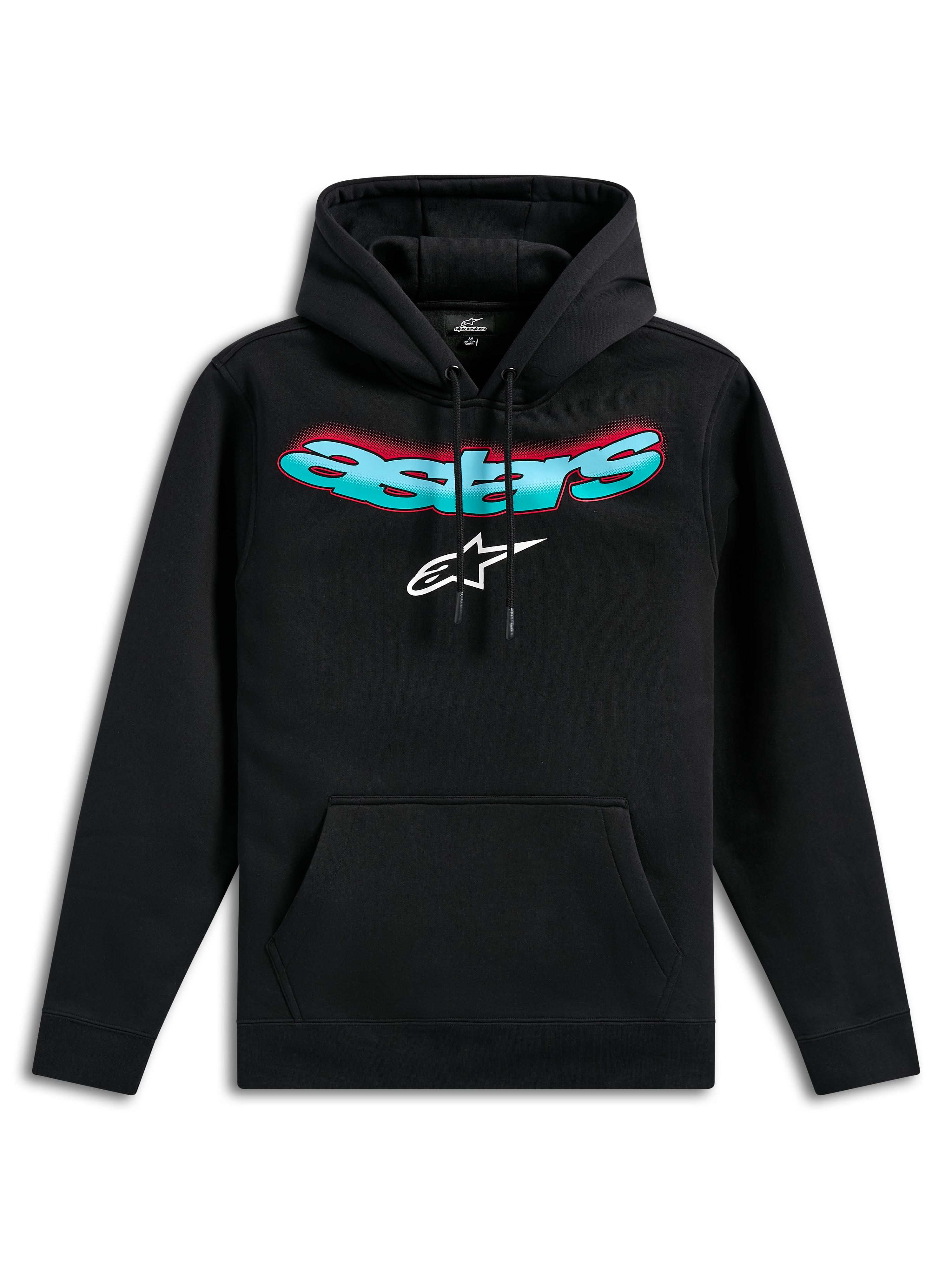 Alpinestars Ellipsoid Hoodie, zwarte fleece pullover, voorzien van een gebogen Astars-woordmerk met een teal en rood kleurverloop en een wit ster-logo, capuchon met trekkoord, kangoeroezak, casual motorsport-geïnspireerde streetwear