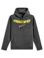 Alpinestars Ellipsoid Hoodie, pullover fleece hoodie, gunmetal grijs, met een gebogen Astars-tekst in geel-oranje kleurverloop en wit Astars-logo, kangoeroezak aan de voorzijde, casual motorsport-geïnspireerde streetwear