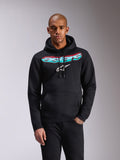 Alpinestars Ellipsoid Hoodie, zwarte fleece pullover, Astars-woordmerk met kleurverloop in teal en roze en wit sterlogo op de borst, capuchon met trekkoord, kangoeroezak, casual sportkleding