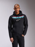 Alpinestars Ellipsoid Hoodie, zwarte fleece pullover, Astars-woordmerk met kleurverloop in teal en roze en wit sterlogo op de borst, capuchon met trekkoord, kangoeroezak, casual sportkleding