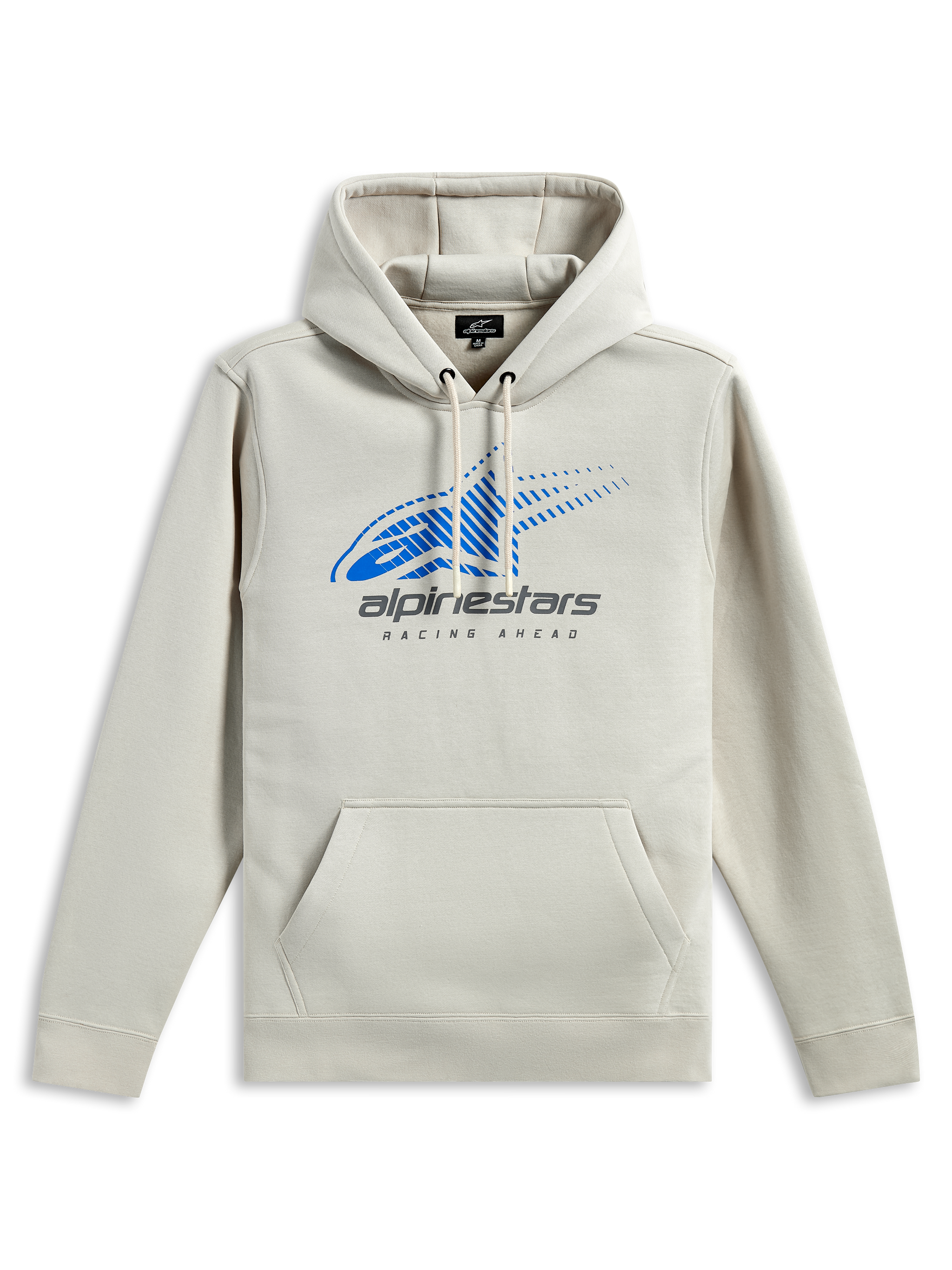 Alpinestars Pulse Hoodie, casual streetwear, off-white with blue Astars logo and grey branding, front kangaroo pocket, drawstring hood, long sleeves, modern motorsport-inspired design
