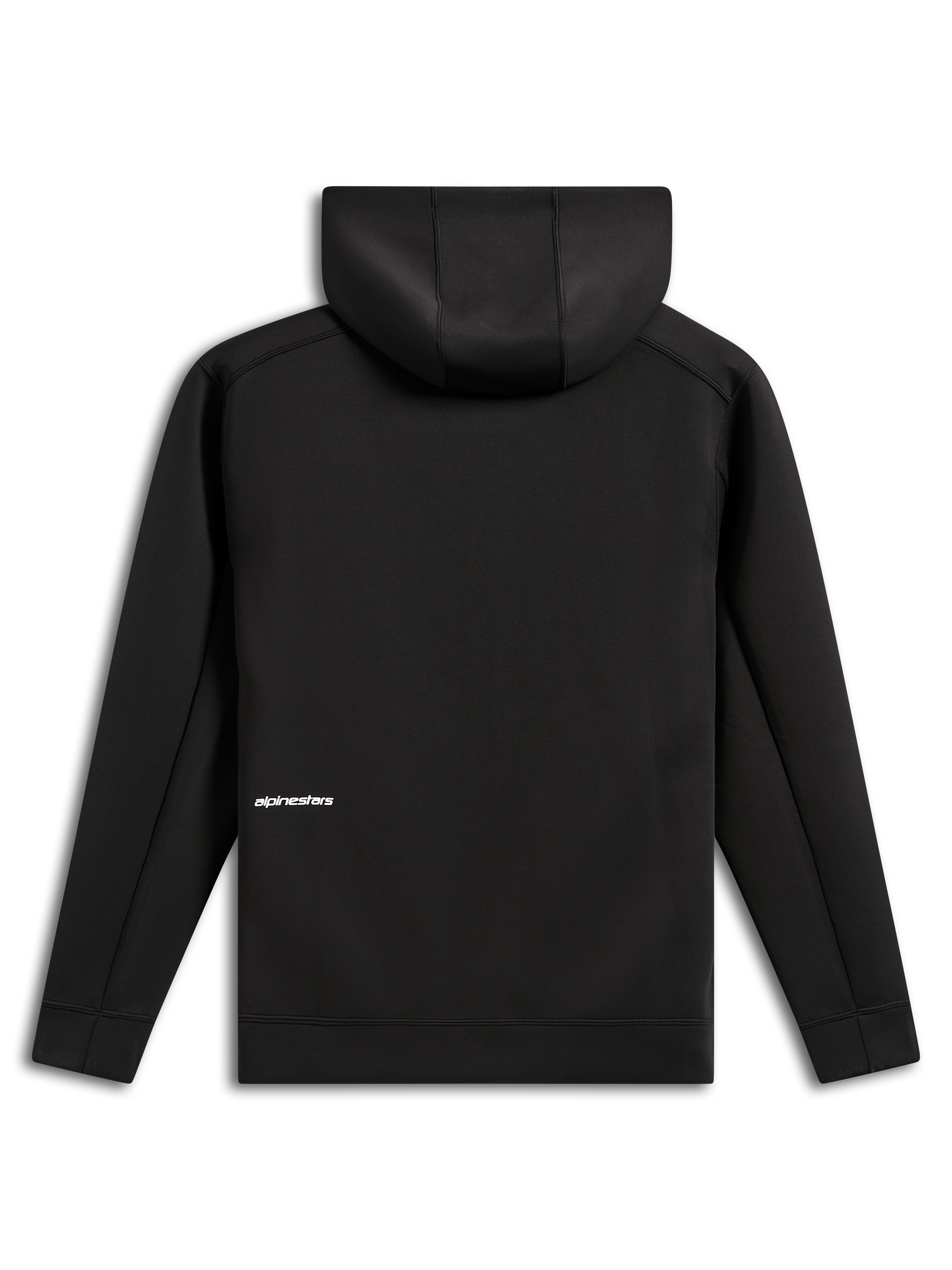 Alpinestars Cypher Hoodie, achteraanzicht, zwart, casual double face fleece hoodie met rits aan de voorzijde, klein wit Alpinestars-woordlogo op de onderrug, capuchon met mesh voering, modern motorsport-geïnspireerd design
