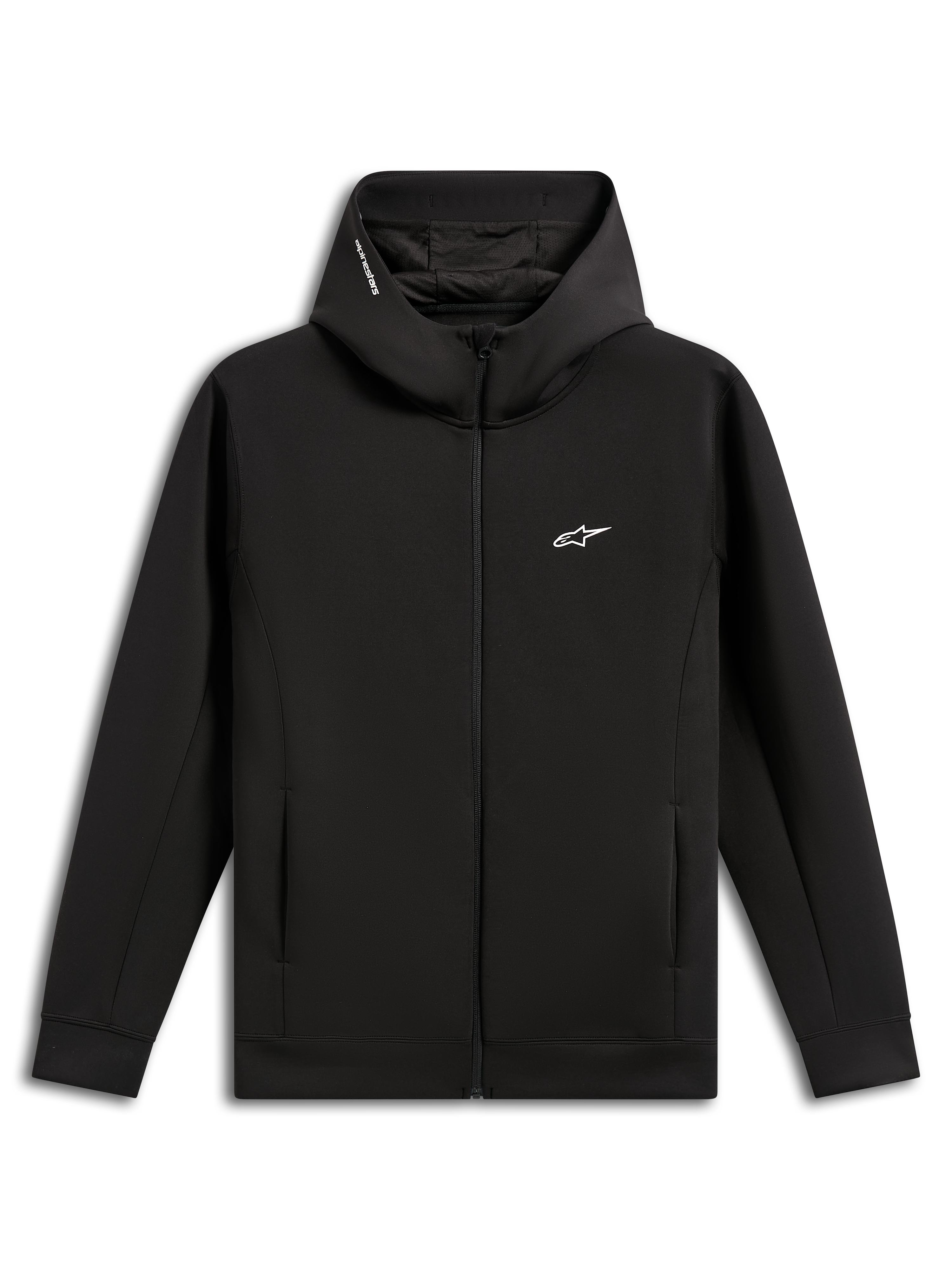 Alpinestars Cypher Hoodie, zwart, fleece hoodie met rits en dubbele stof, hoge capuchon met mesh voering en Alpinestars woordlogo, klein wit Astars-logo op de borst, steekzakken, casual motorsport-geïnspireerde streetwear