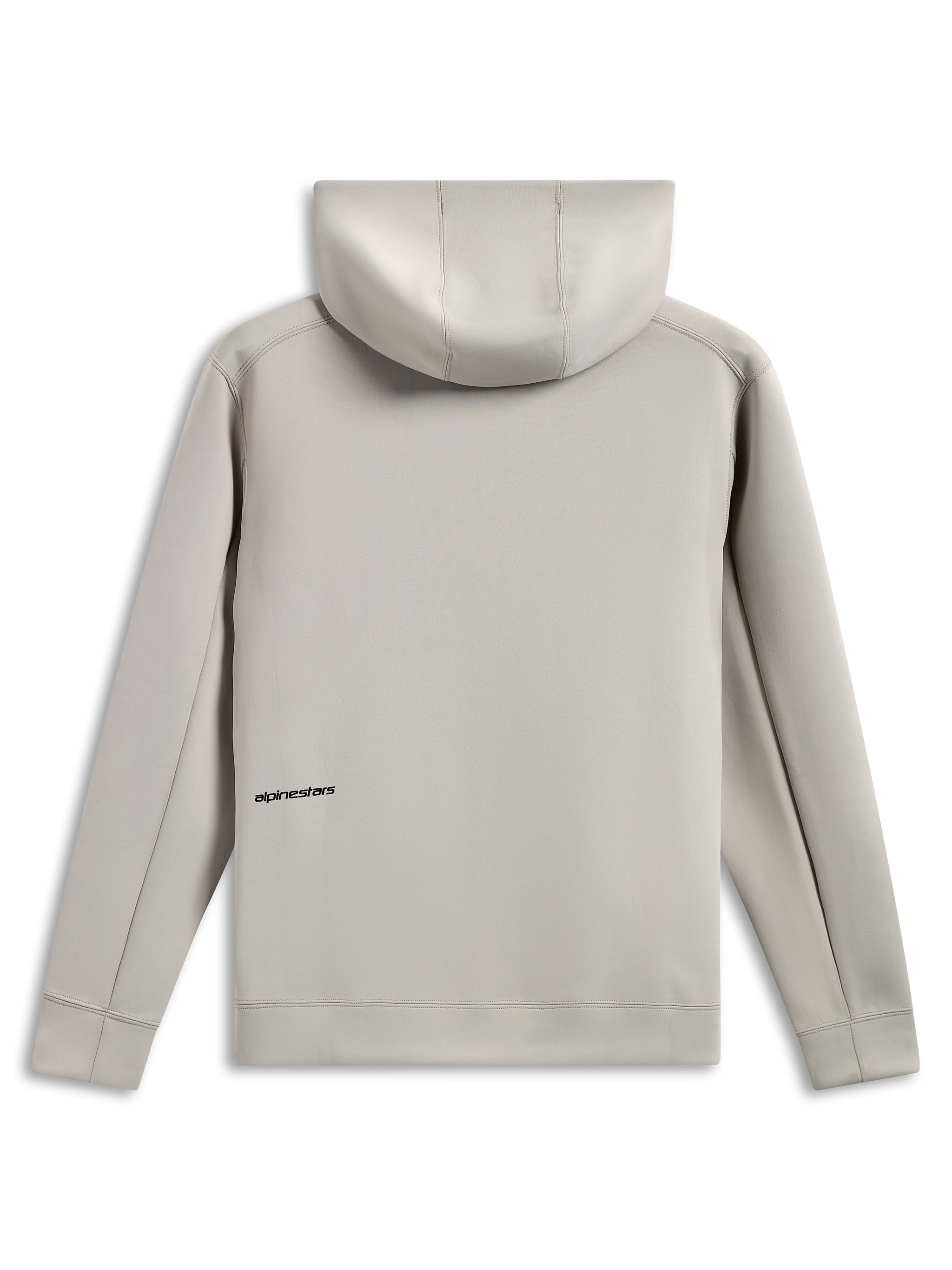 Alpinestars Cypher Hoodie, achteraanzicht, cementgrijs, tri-blend dubbelzijdige fleece, klein zwart woordlogo op de onderrug, capuchon met mesh voering, casual motorsport-geïnspireerde streetwear