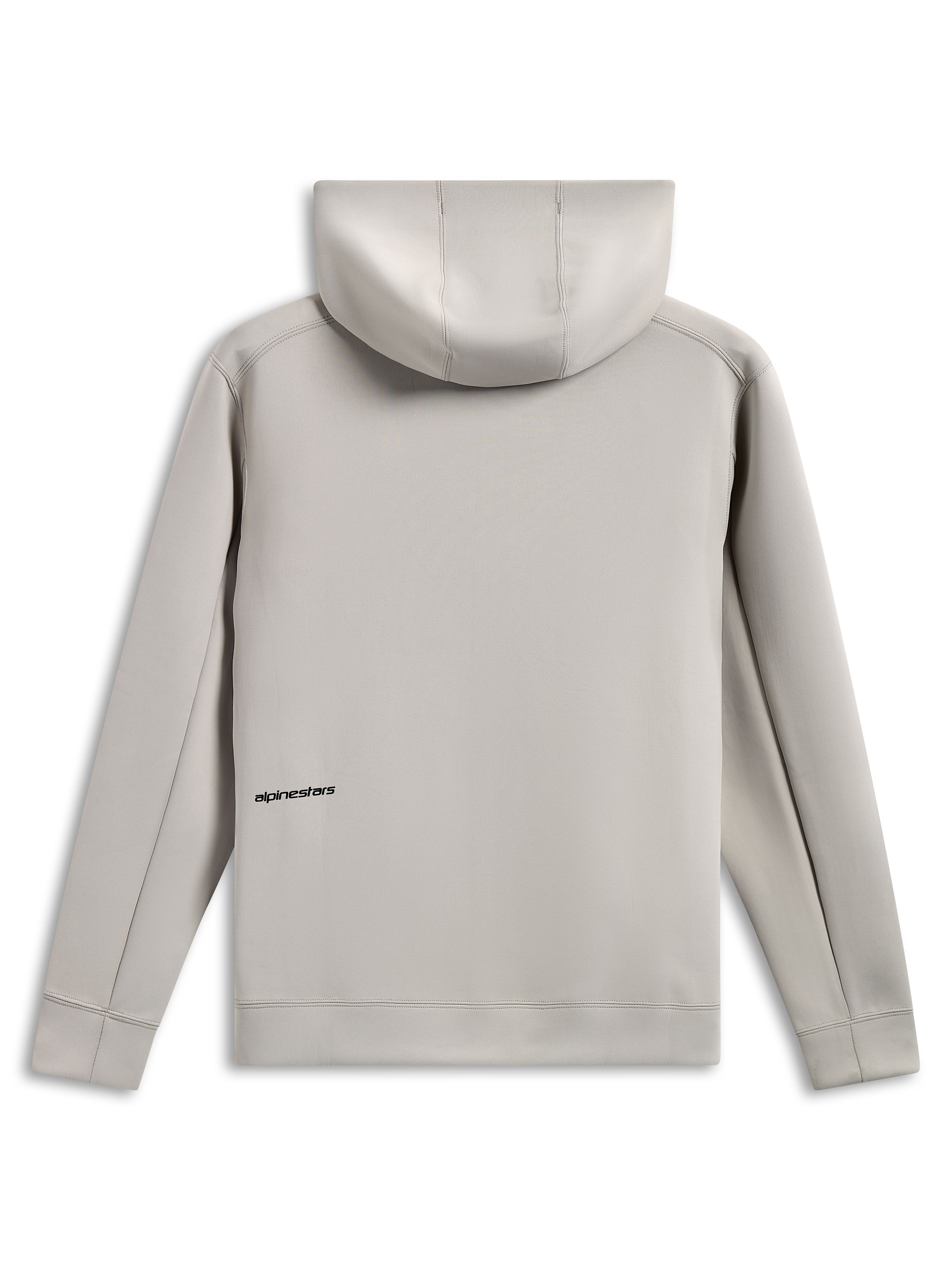 Alpinestars Cypher Hoodie, achteraanzicht, cementgrijs, tri-blend dubbelzijdige fleece, klein zwart woordlogo op de onderrug, capuchon met mesh voering, casual motorsport-geïnspireerde streetwear