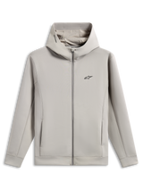 Alpinestars Cypher Hoodie, fleece hoodie met volledige ritssluiting en dubbelzijdige stof, Cement grijs, voorzien van een zwart Astars-logo op de borst, hoge capuchon met mesh-voering en Alpinestars-woordlogo, zakken in de naden, casual sportswear design