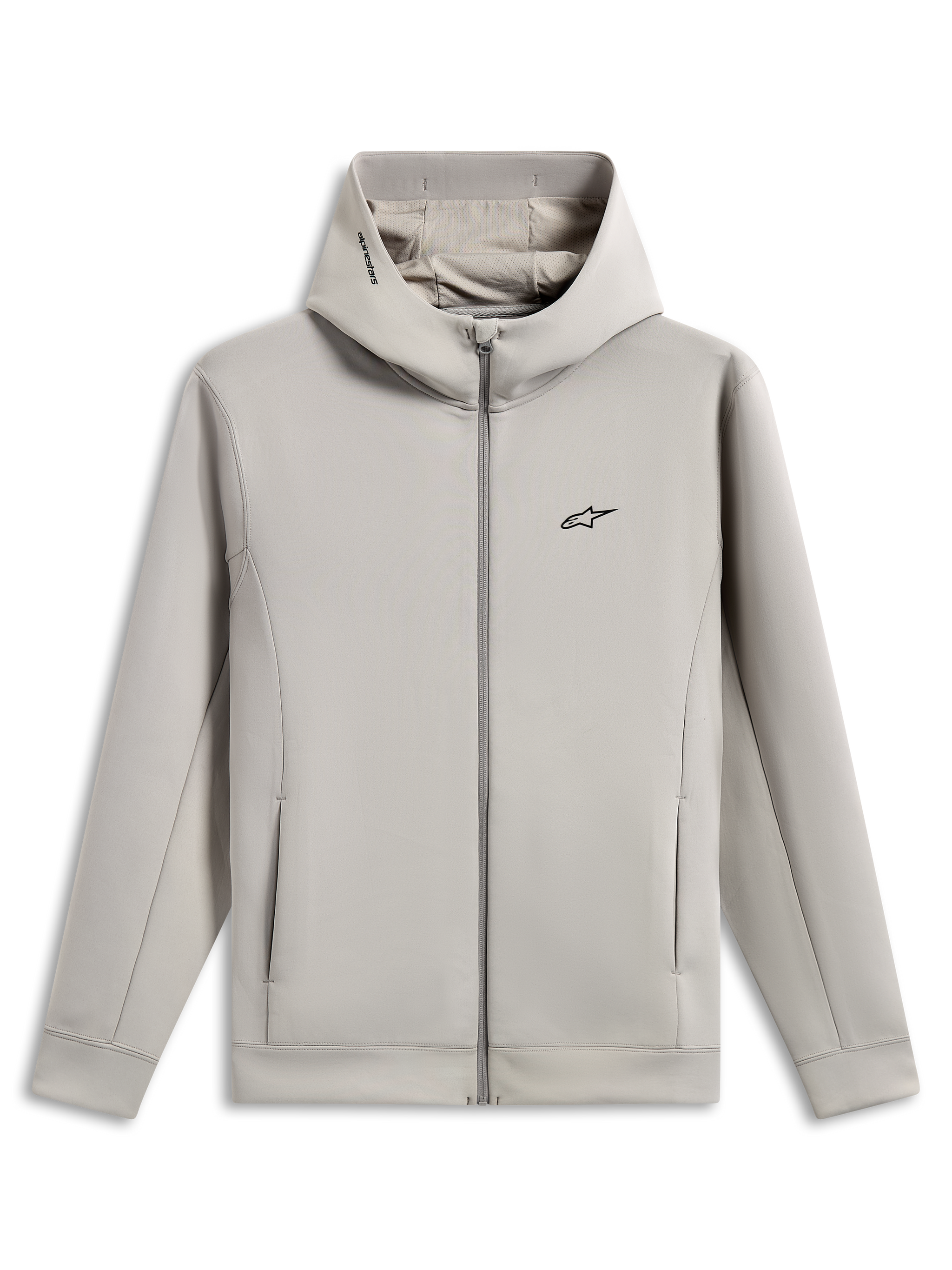 Alpinestars Cypher Hoodie, fleece hoodie met volledige ritssluiting en dubbelzijdige stof, Cement grijs, voorzien van een zwart Astars-logo op de borst, hoge capuchon met mesh-voering en Alpinestars-woordlogo, zakken in de naden, casual sportswear design