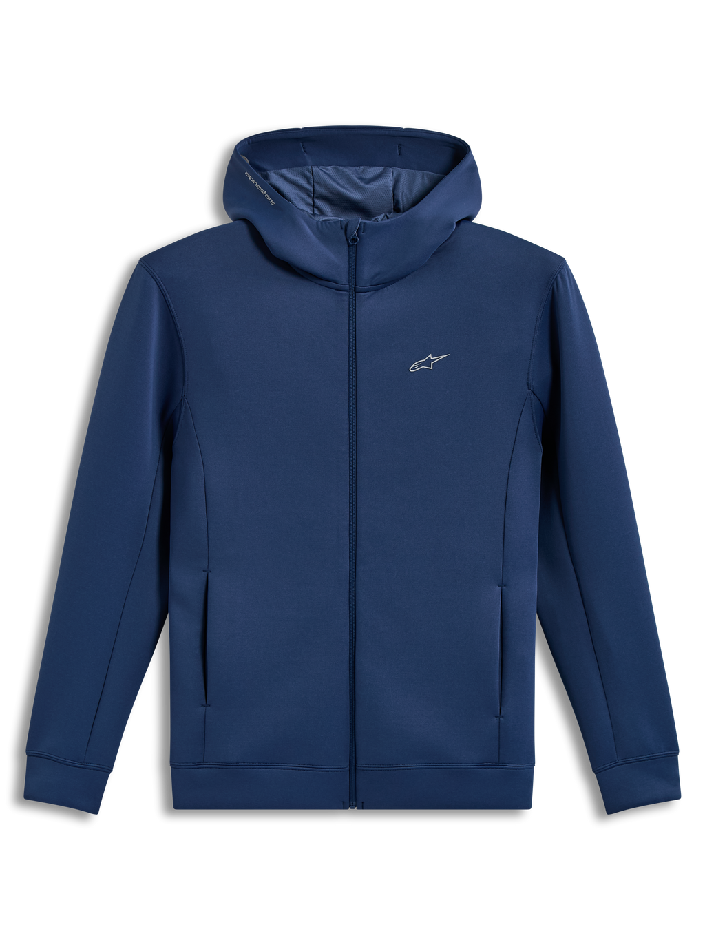 Alpinestars Cypher hoodie, staalblauw sportvest met rits, hoge nek, meshgevoerde capuchon, tri-blend double-face fleece.