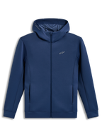 Alpinestars Cypher hoodie, staalblauw sportvest met rits, hoge nek, meshgevoerde capuchon, tri-blend double-face fleece.