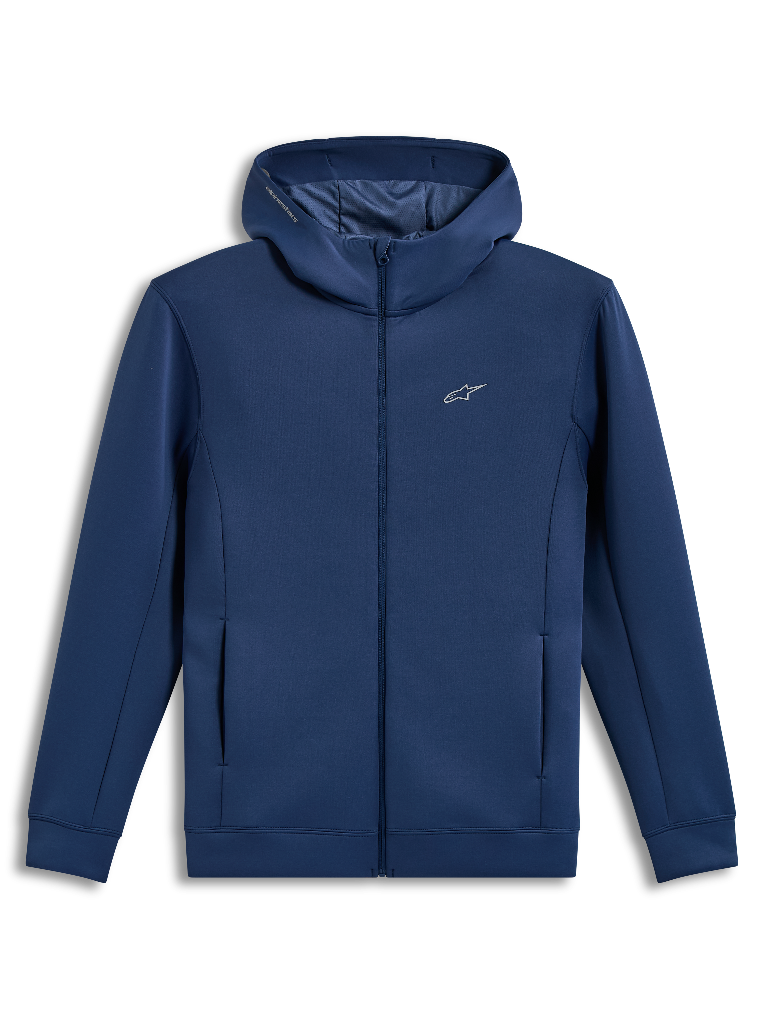 Alpinestars Cypher hoodie, staalblauw sportvest met rits, hoge nek, meshgevoerde capuchon, tri-blend double-face fleece.