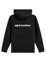 Alpinestars Transverse Hoodie, casual streetwear, zwart met wit Alpinestars-woordlogo op de rug, fleece hoodie, geribde manchetten en zoom, modern motorsport-geïnspireerd ontwerp