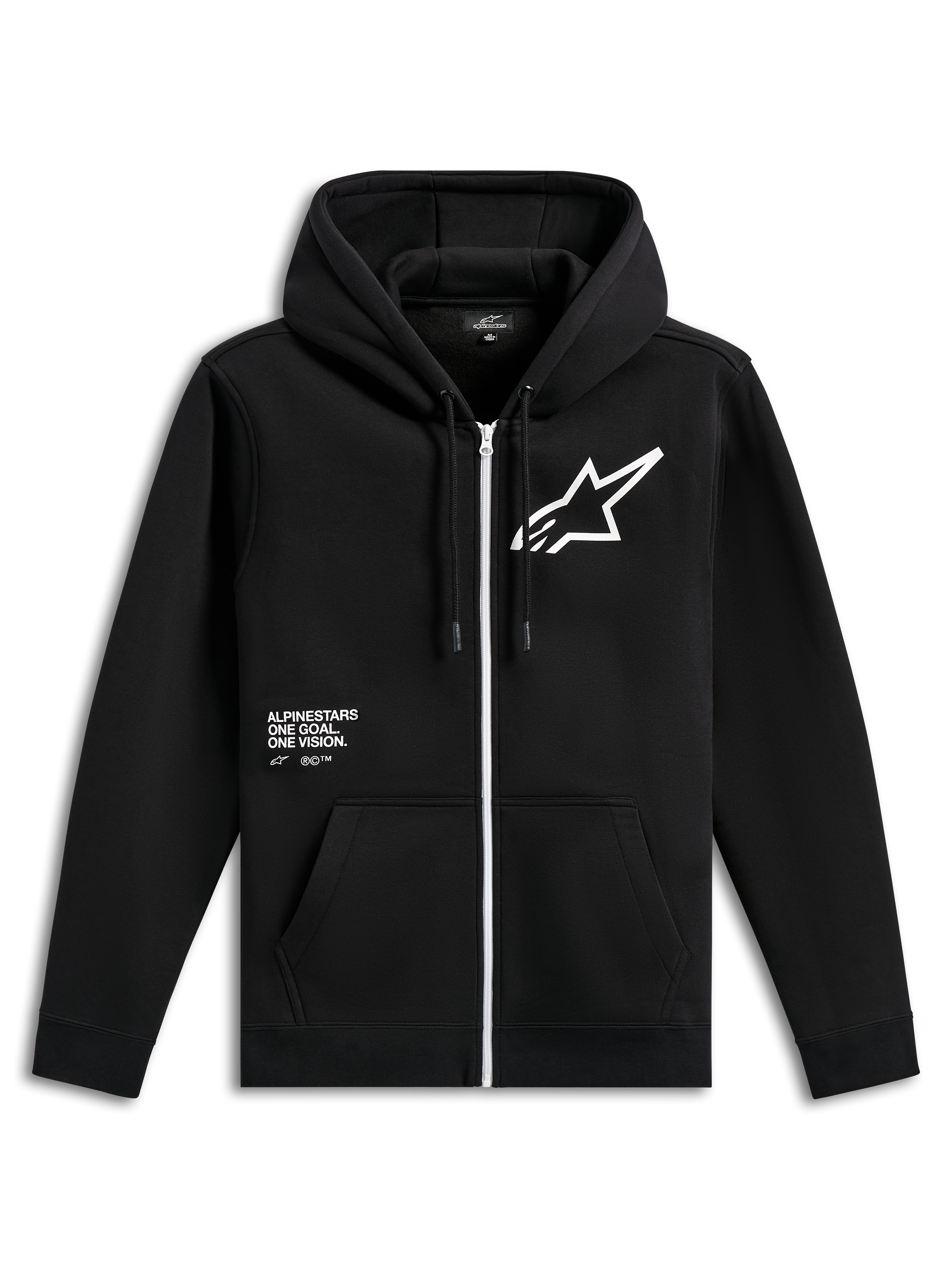 Alpinestars Transverse Hoodie, zwart fleecevest met rits aan de voorkant, voorzien van een witte rits, groot wit Astars-logo op de borst, 'One Goal, One Vision' tekstprint, capuchon met trekkoord en geribde boorden, casual motorsport streetwear