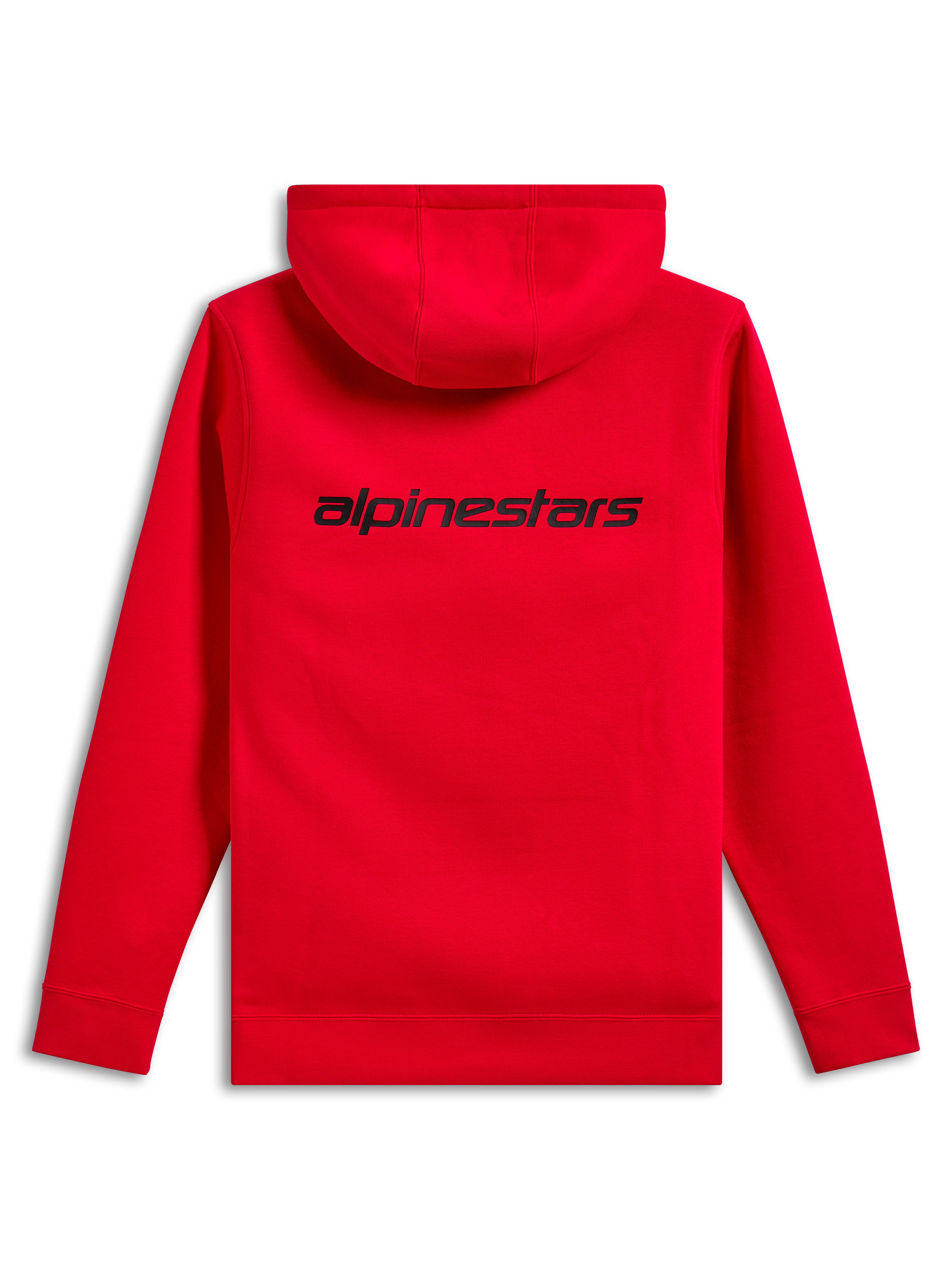 Alpinestars Transverse Hoodie, back view, Red, featuring a black Alpinestars wordmark logo on the upper back, casual hooded sweatshirt with ribbed cuffs and hem.