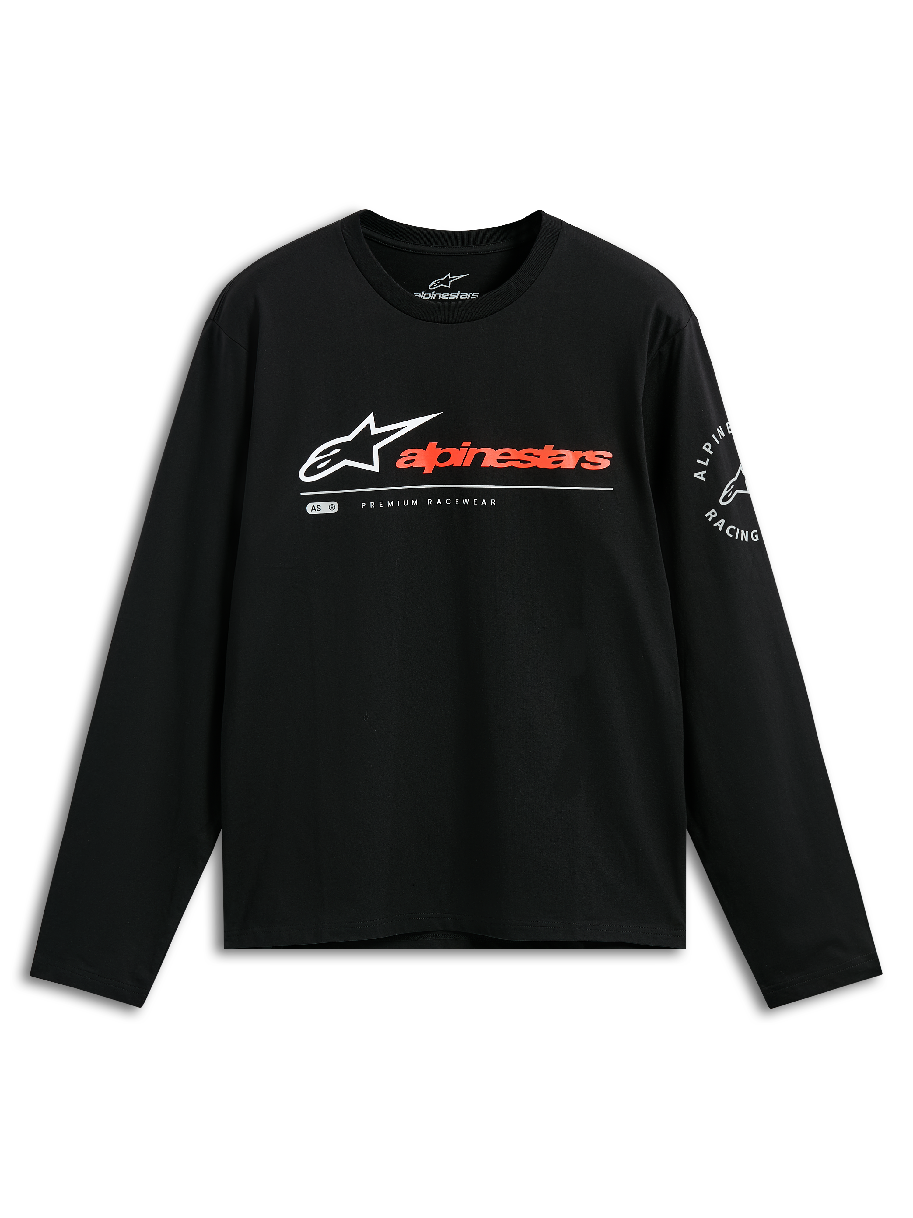 Alpinestars Mandatory CSF Tee, longsleeve T-shirt, zwart, wit Astars-logo met roodoranje woordmerk, cirkelvormige Alpinestars Racing-graphic op de mouw, casual motorsport streetwear
