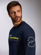 Alpinestars Mandatory CSF Tee, Long Sleeve T-Shirt, Navy Blue, featuring white and lime green front logo and circular Alpinestars Racing Ahead logo on the sleeve, casual motorsport streetwear