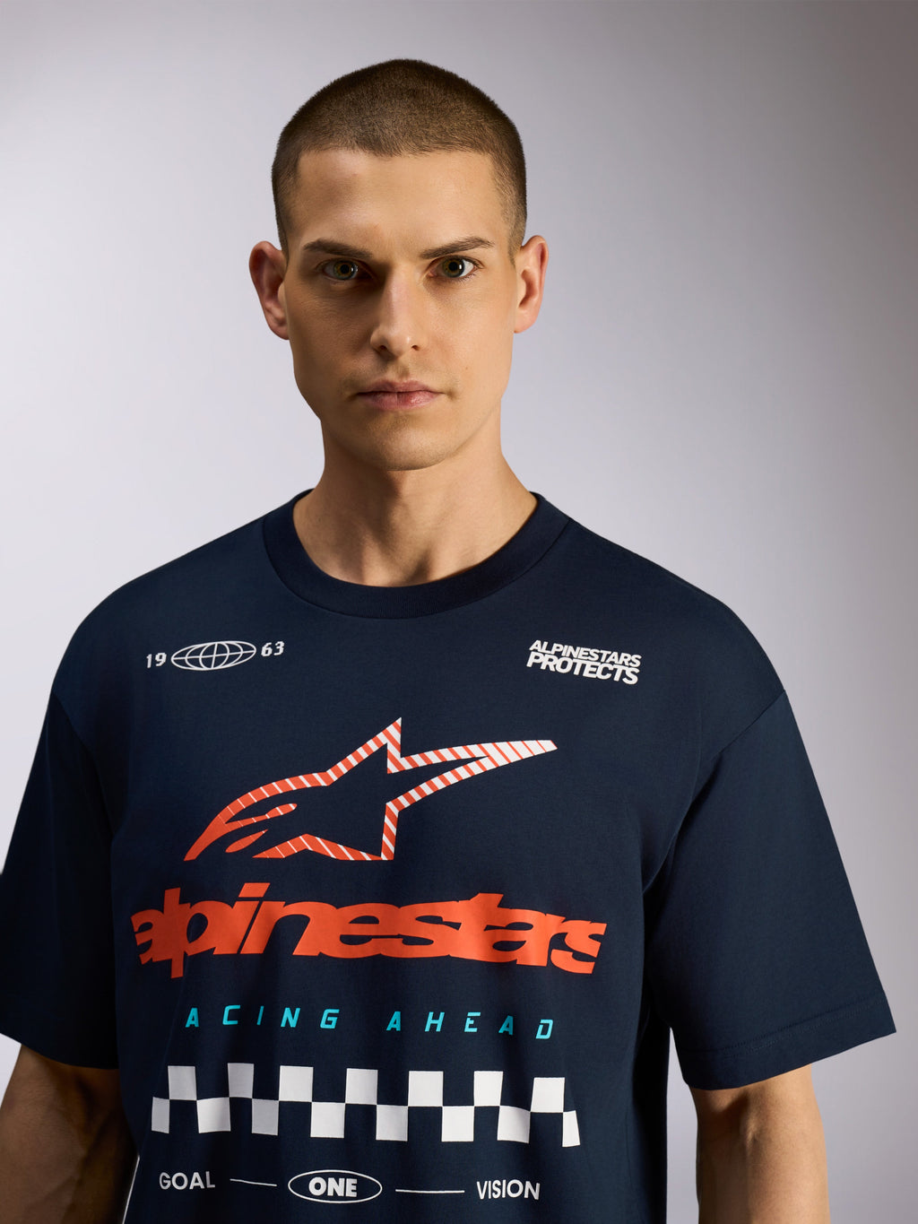 Alpinestars Aplomb Oversized CSF Tee, Short Sleeve T-Shirt, Navy, large chest graphic with red logo and white checkered pattern, casual motorsport streetwear