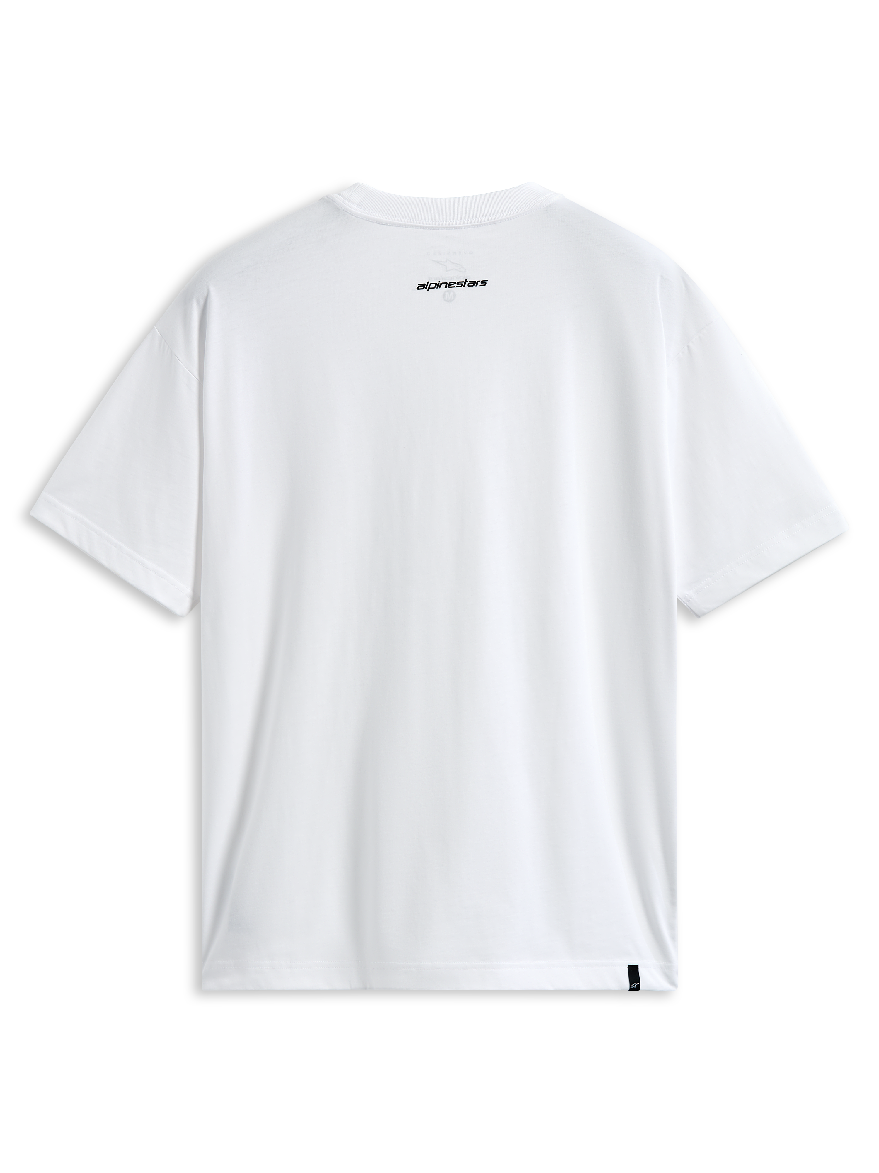 Alpinestars Focused Oversized CSF Tee, Short Sleeve T-Shirt, White, Back view featuring small black Alpinestars word logo on neck and external label at hem, Casual Motorsport Streetwear