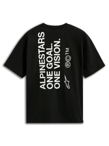 Alpinestars One Oversized CSF Tee, T-shirt met korte mouwen, zwart, achteraanzicht met verticale witte 'ALPINESTARS ONE GOAL. ONE VISION.' tekst en Astars-logo, casual motorsport streetwear