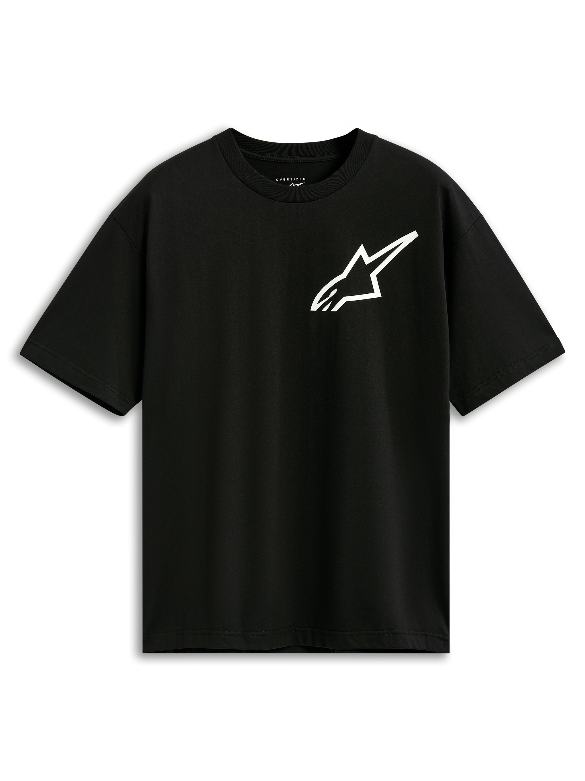 Alpinestars One Oversized CSF Tee, T-shirt met korte mouwen, zwart, wit Astars-logo op de borst, oversized pasvorm, casual motorsport-geïnspireerde streetwear