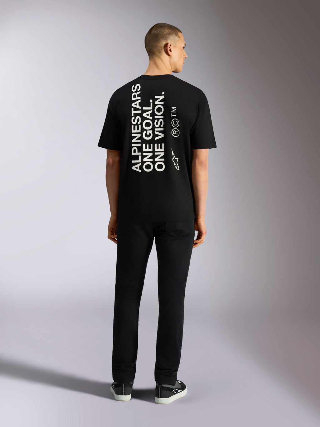 Alpinestars One Oversized CSF Tee, Short Sleeve T-Shirt, Black, Vertical 'ALPINESTARS ONE GOAL. ONE VISION.' back print with Astars logo, casual lifestyle streetwear
