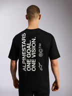 Alpinestars One Oversized CSF Tee, Short Sleeve T-Shirt, Black, back view featuring large vertical white 'ALPINESTARS ONE GOAL. ONE VISION.' text and branding logos, casual motorsport streetwear