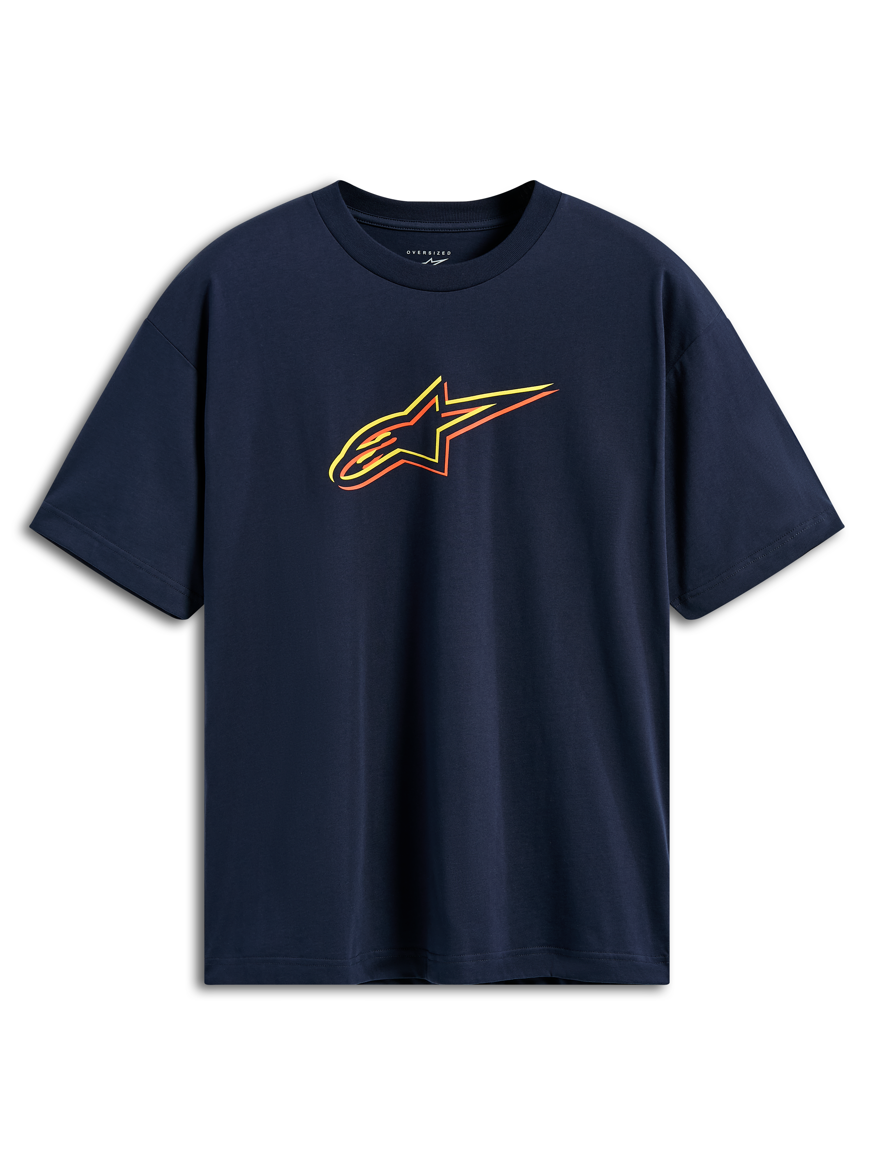 Alpinestars Alter Oversized CSF Tee, Short Sleeve T-Shirt, Navy Blue, Astars Logo with yellow, orange, and red color-offset outlines, casual motorsport streetwear