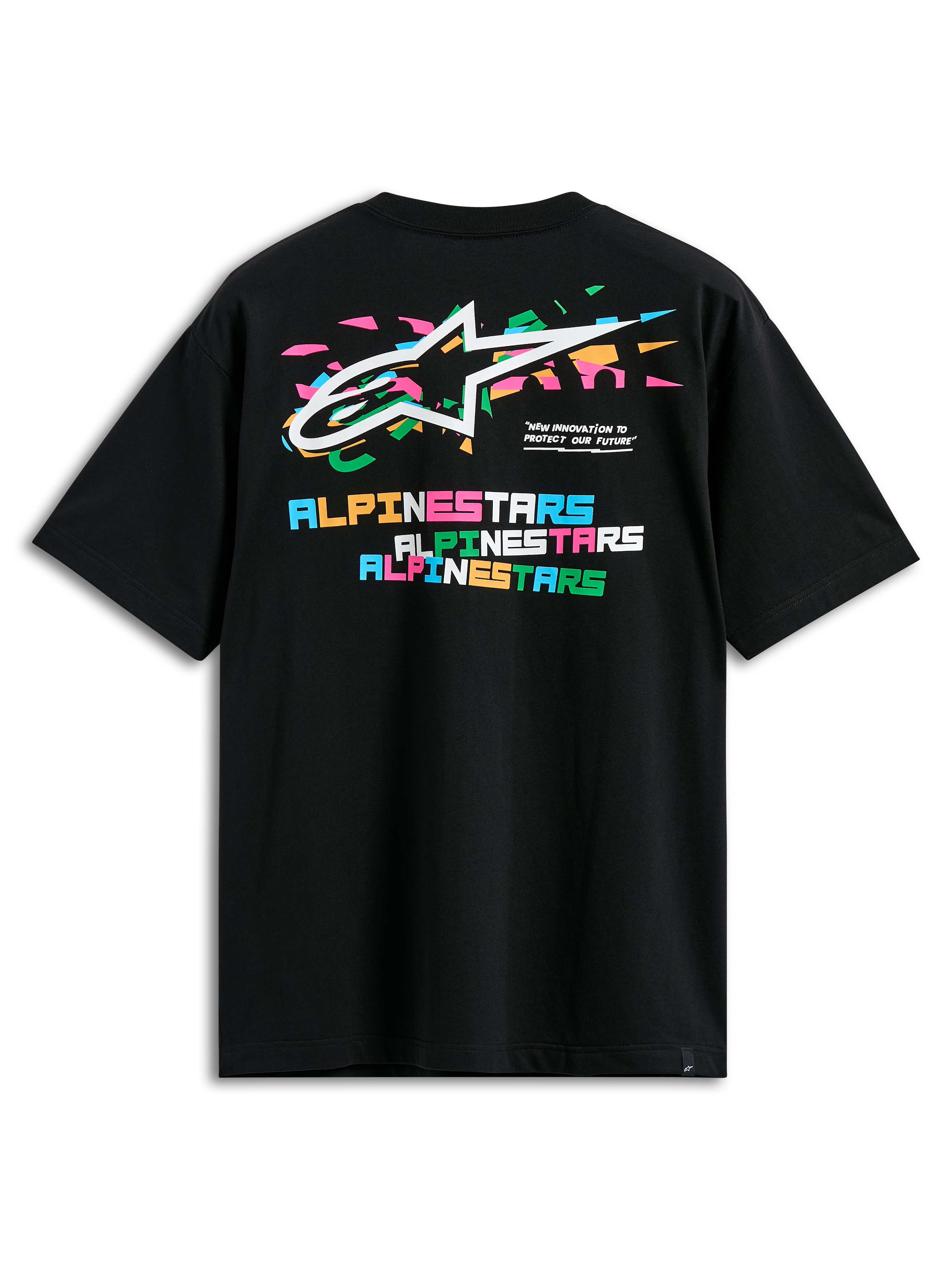 Alpinestars Wild Oversized CSF Tee, Short Sleeve T-Shirt, Black, back view featuring vibrant multi-color Astars logo and stacked block Alpinestars lettering, casual streetwear