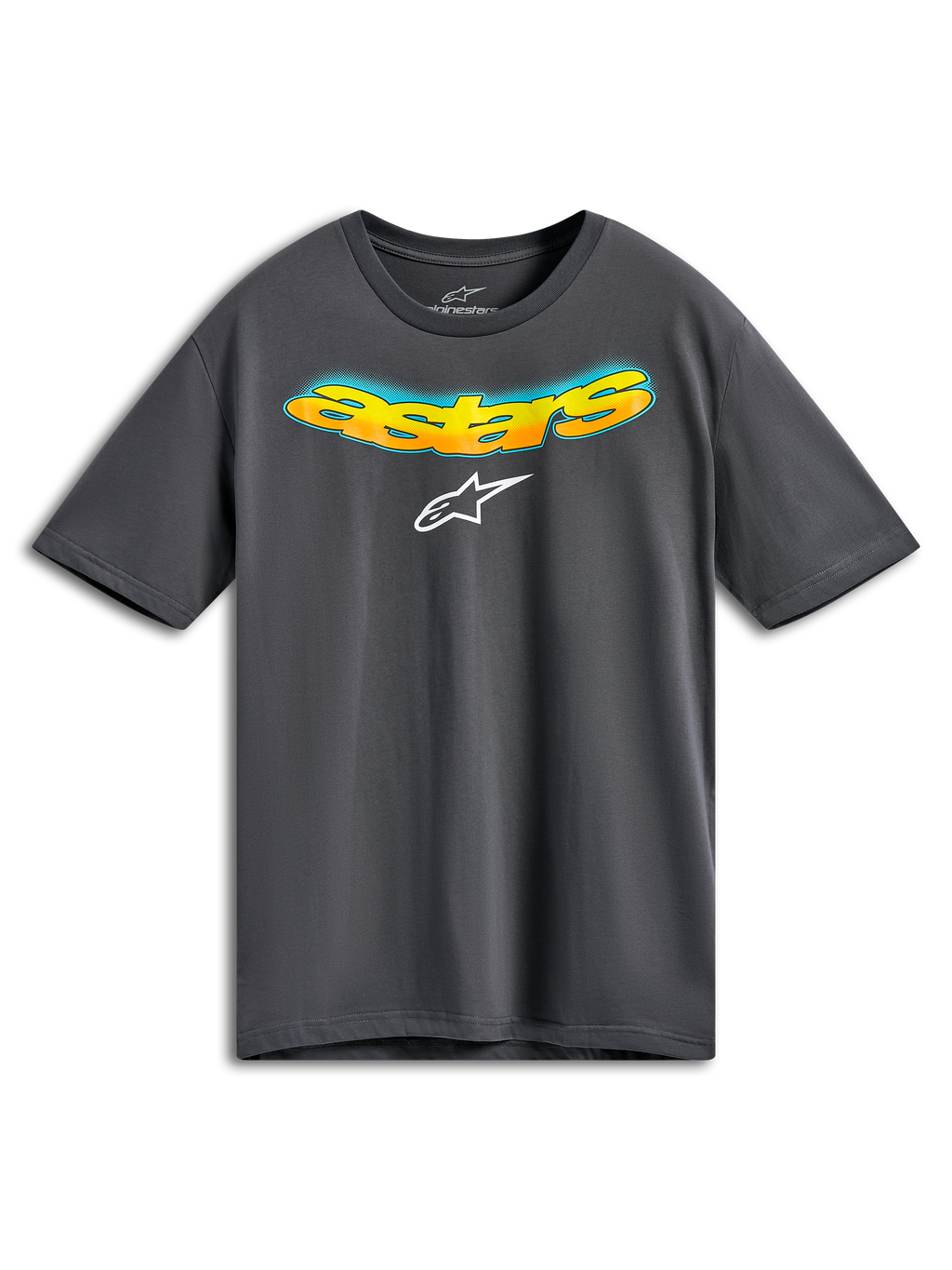 Alpinestars Ellipsoid CSF Tee, T-shirt met korte mouwen, antracietgrijs, voorzijde met gebogen Astars-tekst in oranje en geel kleurverloop en blauw halftoon detail, wit Alpinestars-logo, casual sportkleding