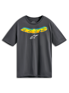 Alpinestars Ellipsoid CSF Tee, T-shirt met korte mouwen, antracietgrijs, voorzijde met gebogen Astars-tekst in oranje en geel kleurverloop en blauw halftoon detail, wit Alpinestars-logo, casual sportkleding