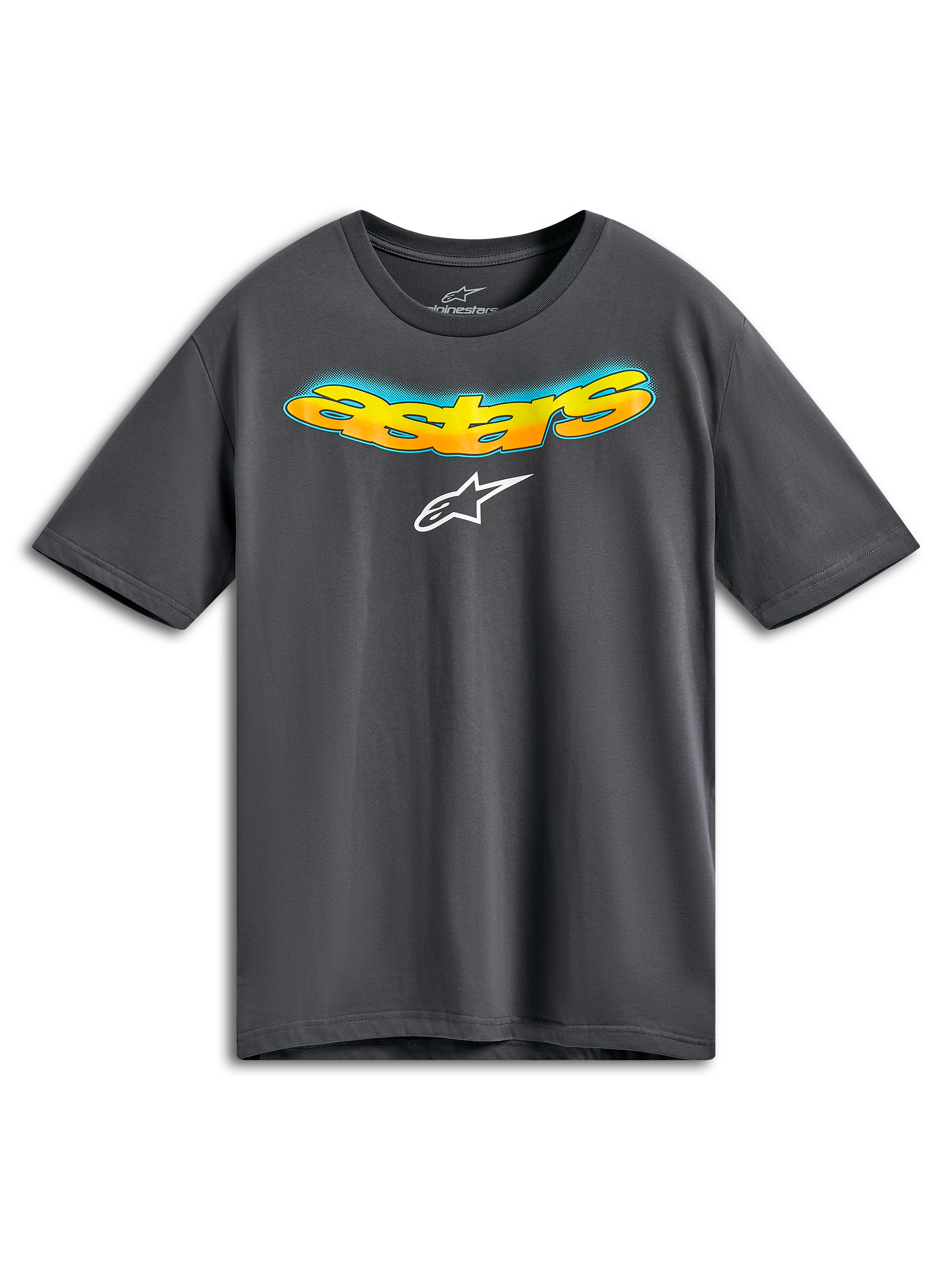 Alpinestars Ellipsoid CSF Tee, T-shirt met korte mouwen, antracietgrijs, voorzijde met gebogen Astars-tekst in oranje en geel kleurverloop en blauw halftoon detail, wit Alpinestars-logo, casual sportkleding